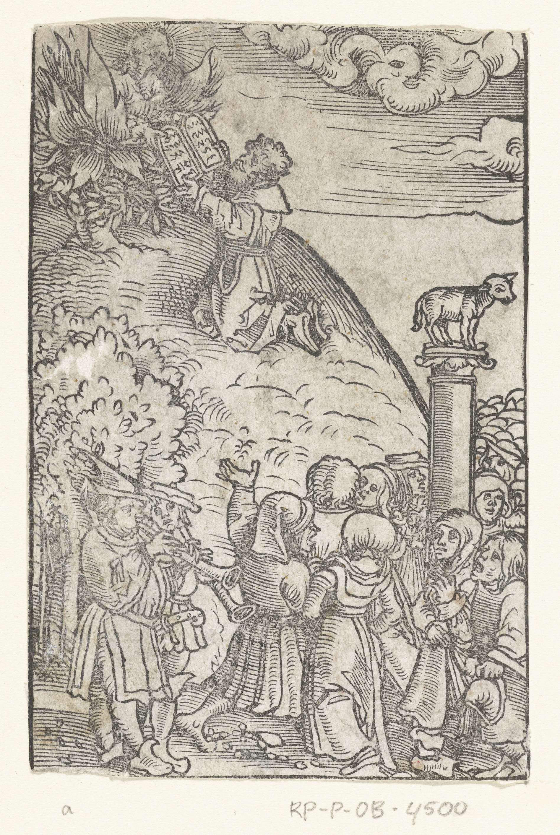 Mozes ontvangt de tafelen der wet en de aanbidding van het gouden kalf, by Lucas Cranach (I), public domain