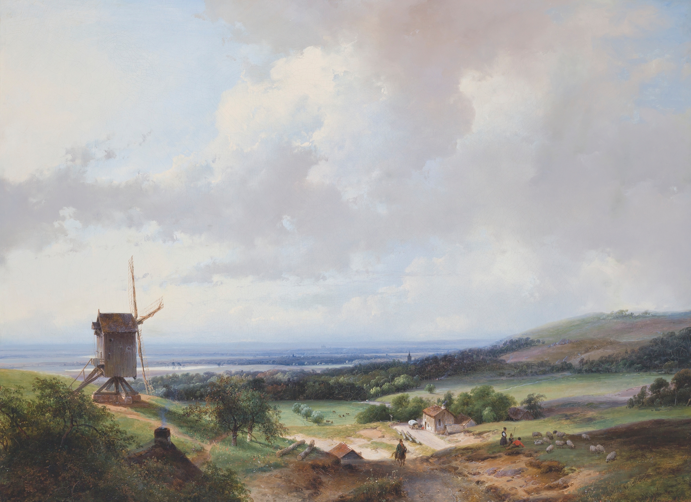 Landscape with shepherds and a horseman by a mill, oil painting by Andreas Schelfhout