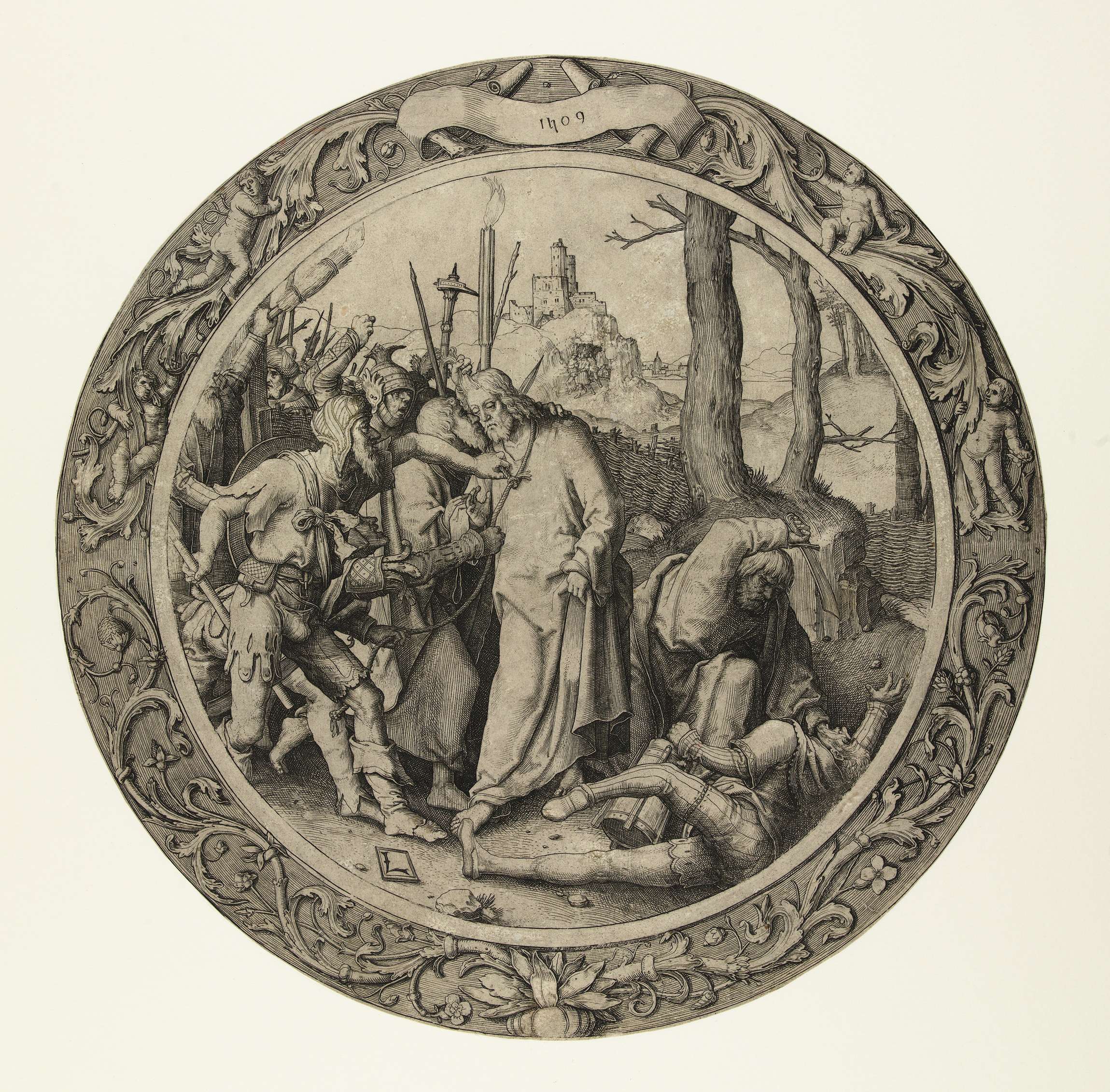 Engraving by Lucas van Leyden depicting Judas betraying Christ.