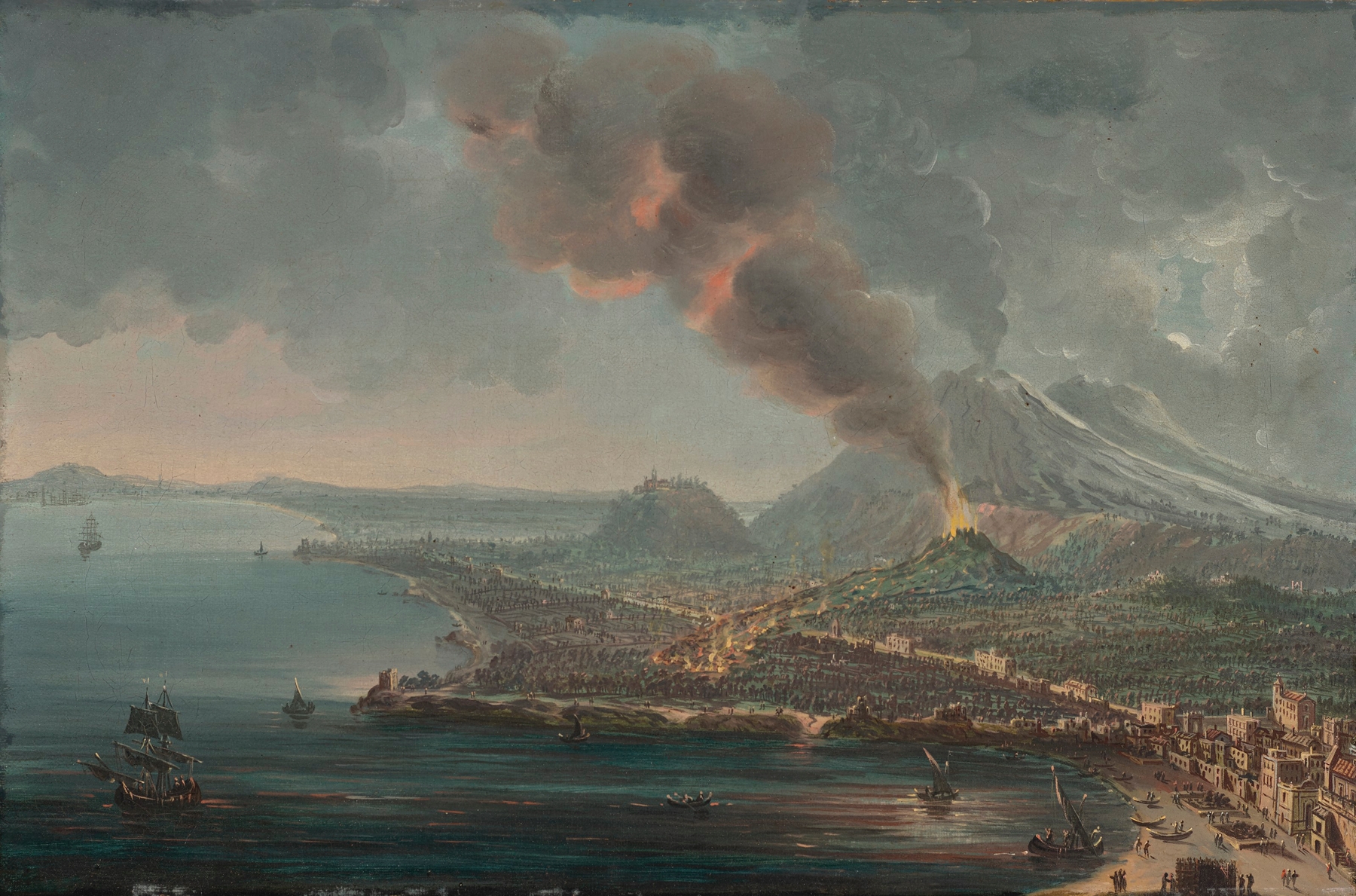 Landscape oil painting by Pietro Antoniani depicting Torre del Greco and Mount Vesuvius eruption.