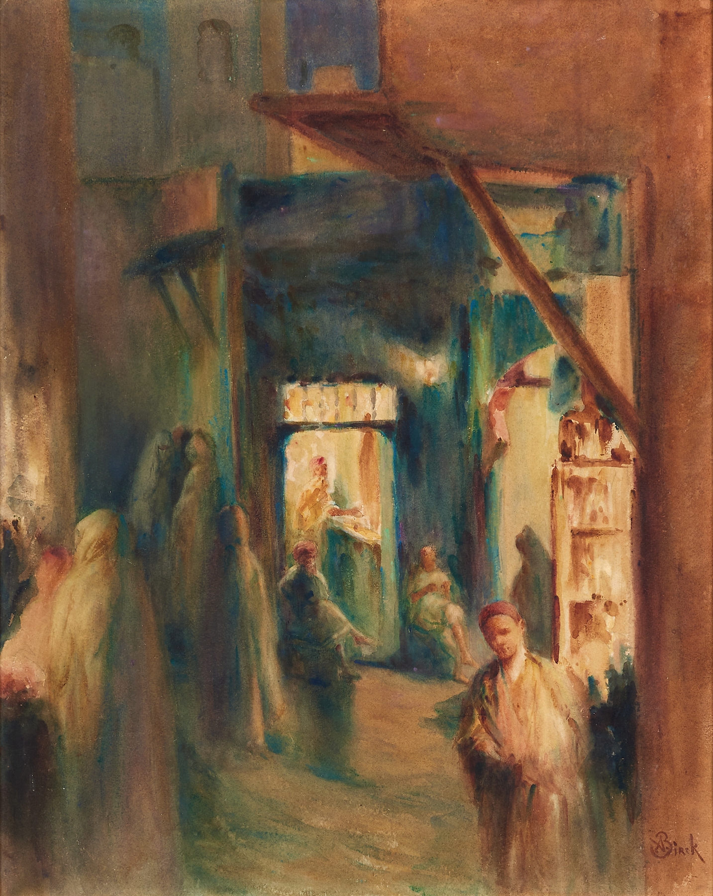 Ruelle by Alphonse Birck, oil painting depicting an intimate alleyway with soft light and shadows.