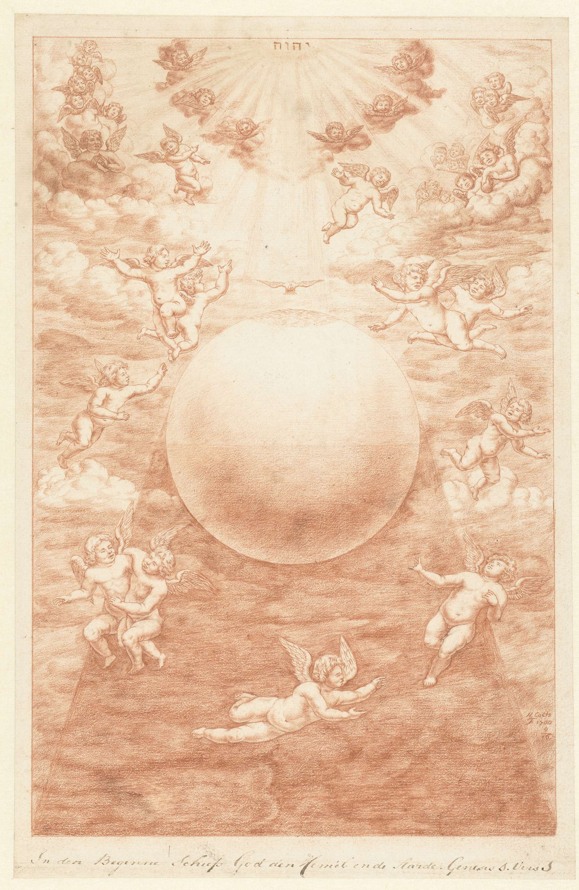 Religious depiction of creation with clouds by Herman Coets, 1700, paper