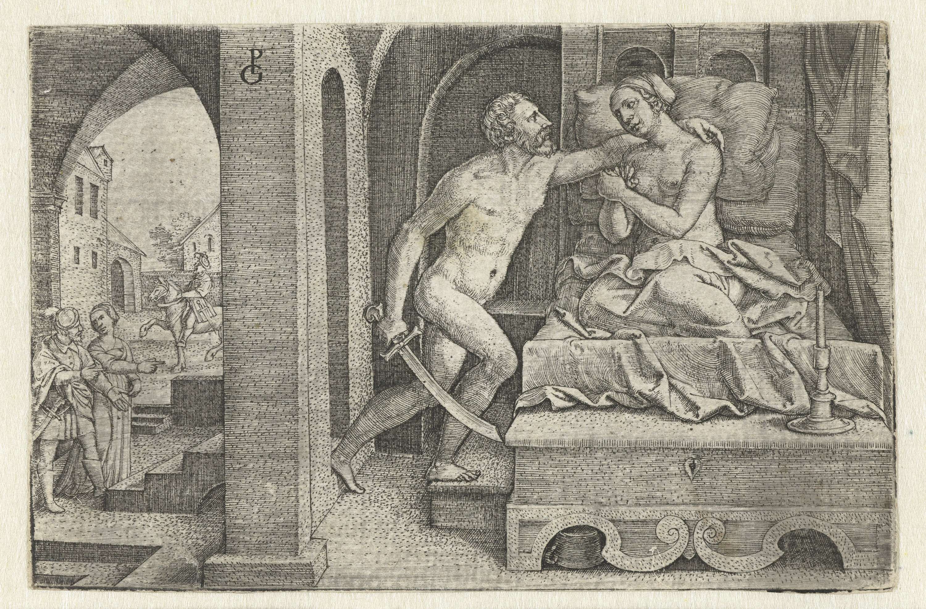 Sextus verkracht Lucretia onder bedreiging met zwaard, by Georg Pencz, public domain
