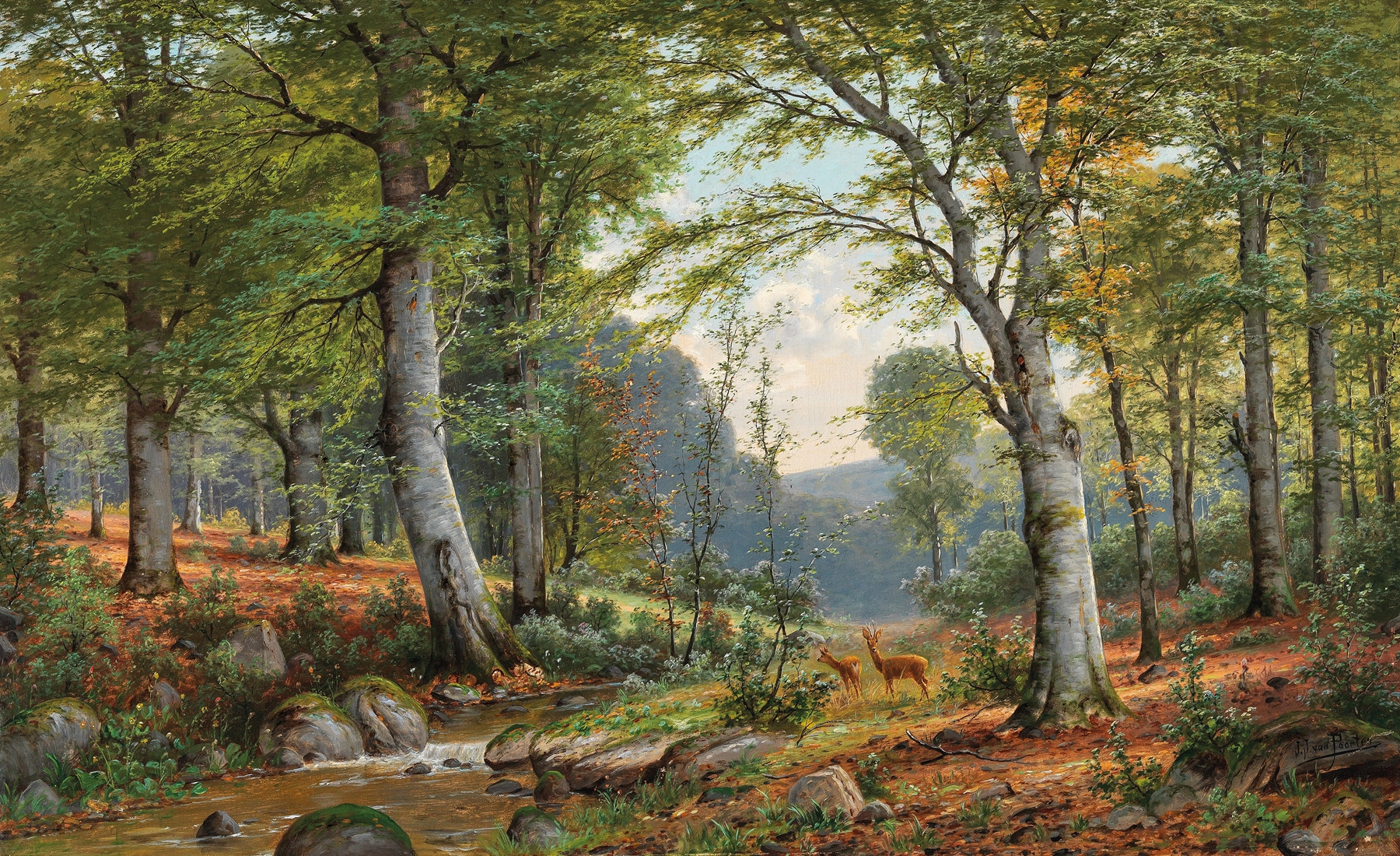 Roe deer in a wooded landscape, oil painting by Jacobus Johannes van Poorten