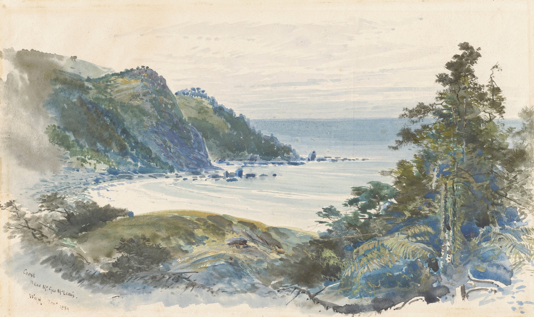 Coast near George McLean’s by William Mathew Hodgkins, oil painting of a tranquil marine scene.