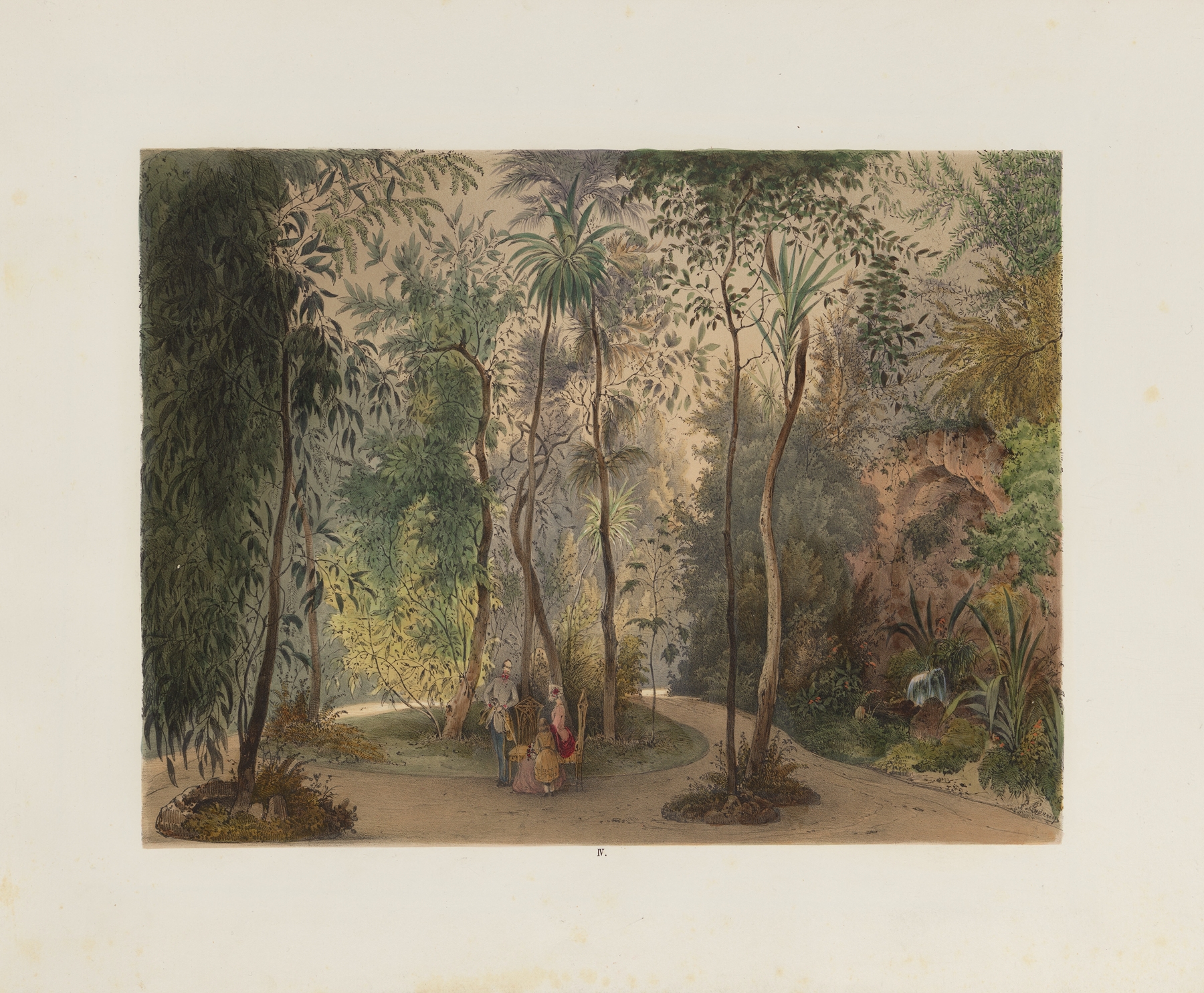 Interior of a winter garden by Franz Antoine, 1852, showcasing floral arrangements and light play.