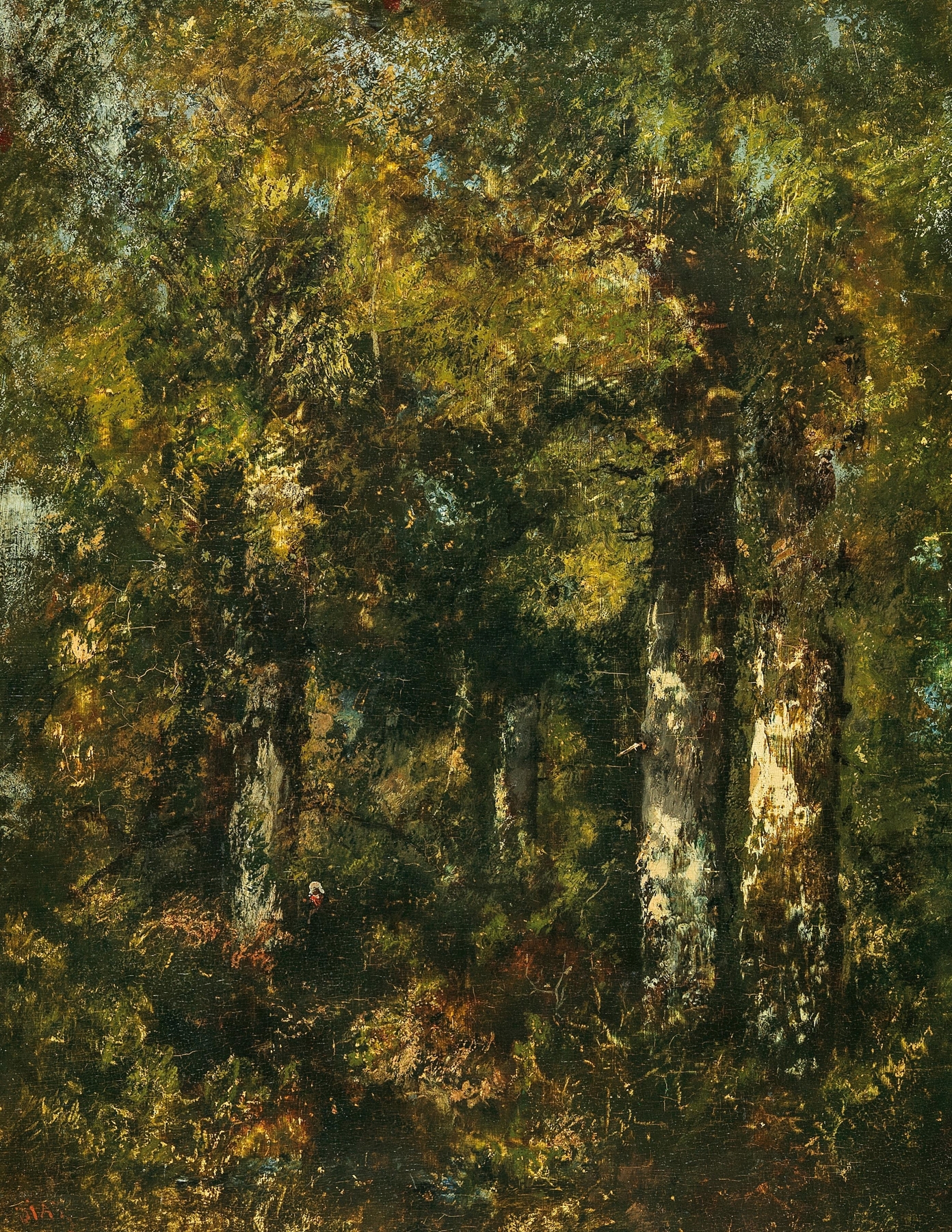 In the Forest of Fontainebleau, oil painting by Narcisse-Virgile Diaz de La Peña, depicting a lush forest scene.