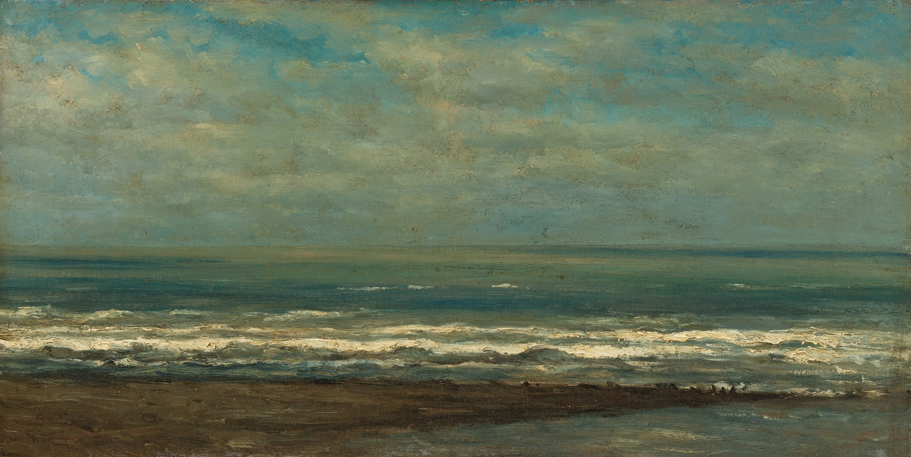 Seascape near Heijst by Willem Roelofs, oil on canvas showing gentle waves and a hazy horizon.