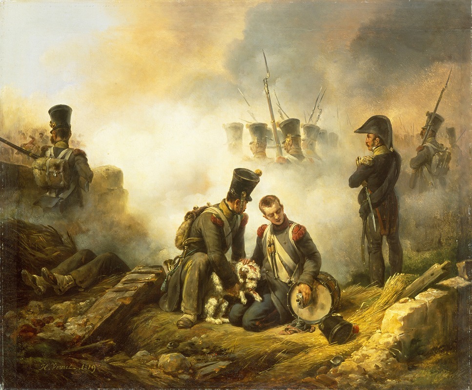 A wounded dog lies on the ground, surrounded by soldiers in a dramatic scene.