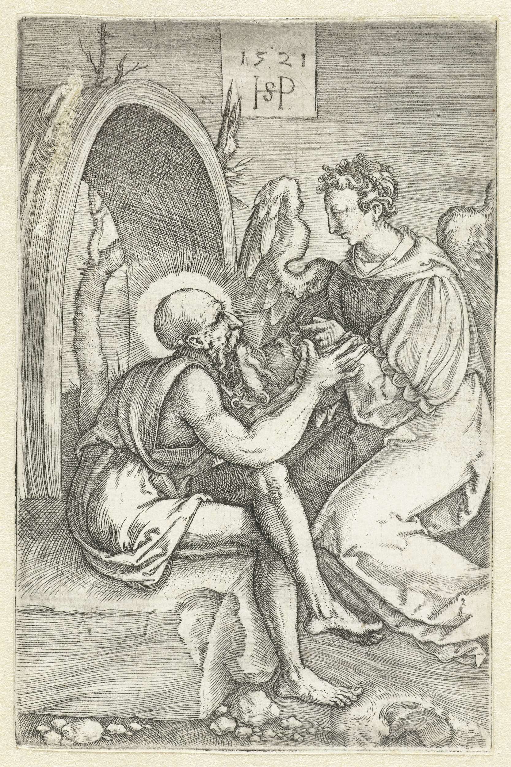 Heilige Hieronymus in gesprek met een engel, by Hans Sebald Beham, public domain