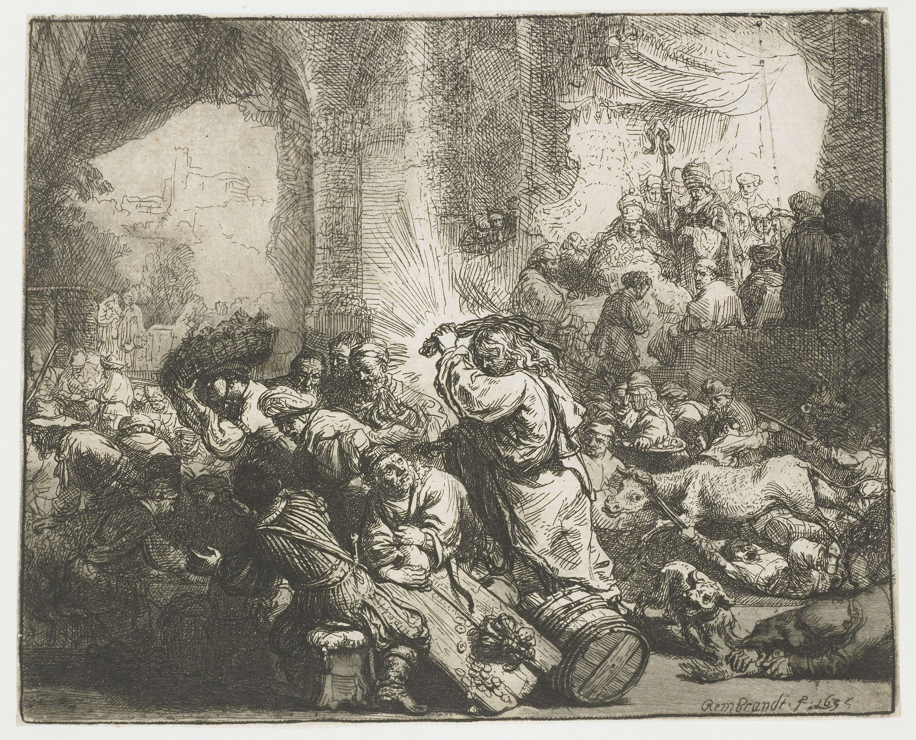 Christ driving the money changers from the temple, etching by Rembrandt van Rijn