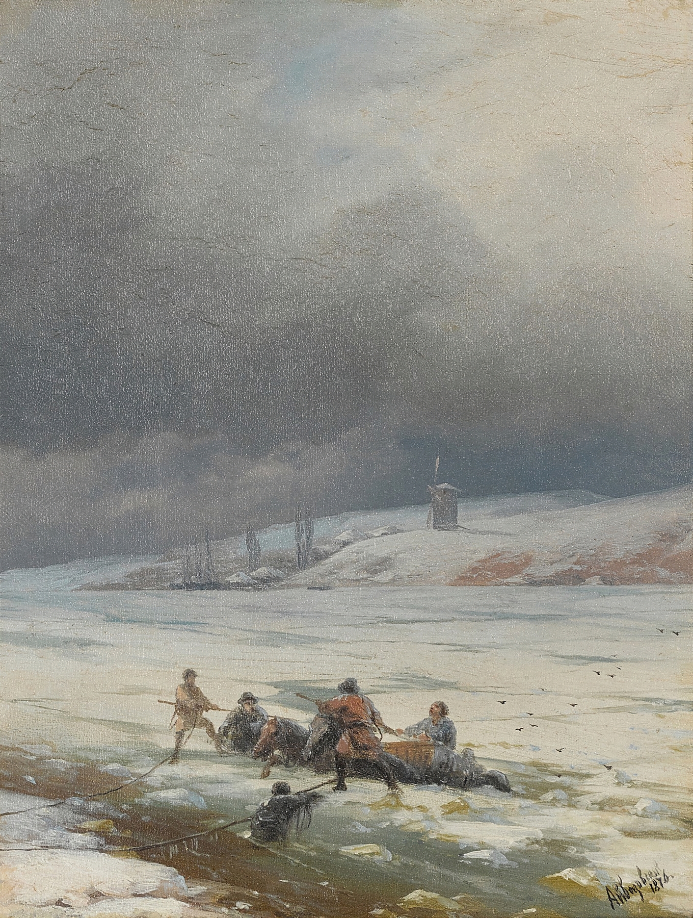 Hauling a Horse and Cart out of the Ice, oil painting by Ivan Konstantinovich Aivazovsky