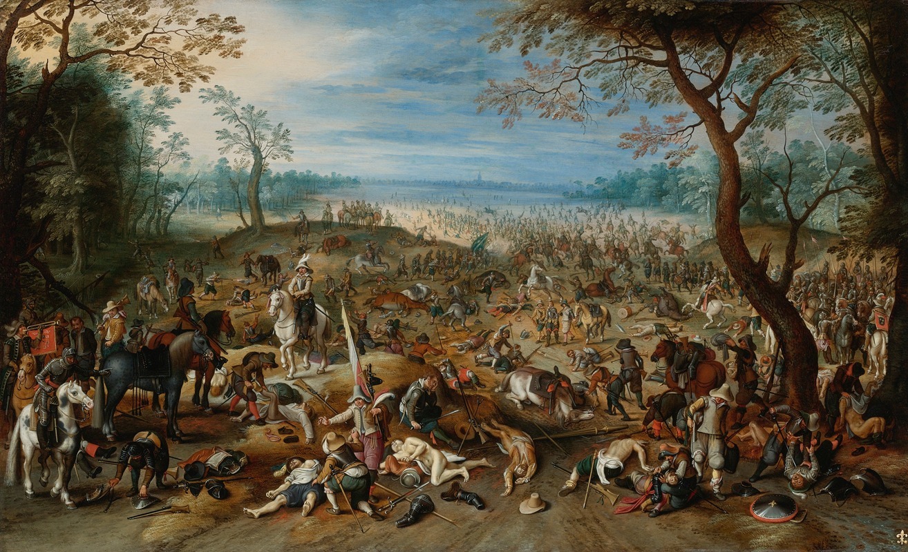Sebastian Vrancx's painting depicts the aftermath of a battle with vivid colors and detailed figures.