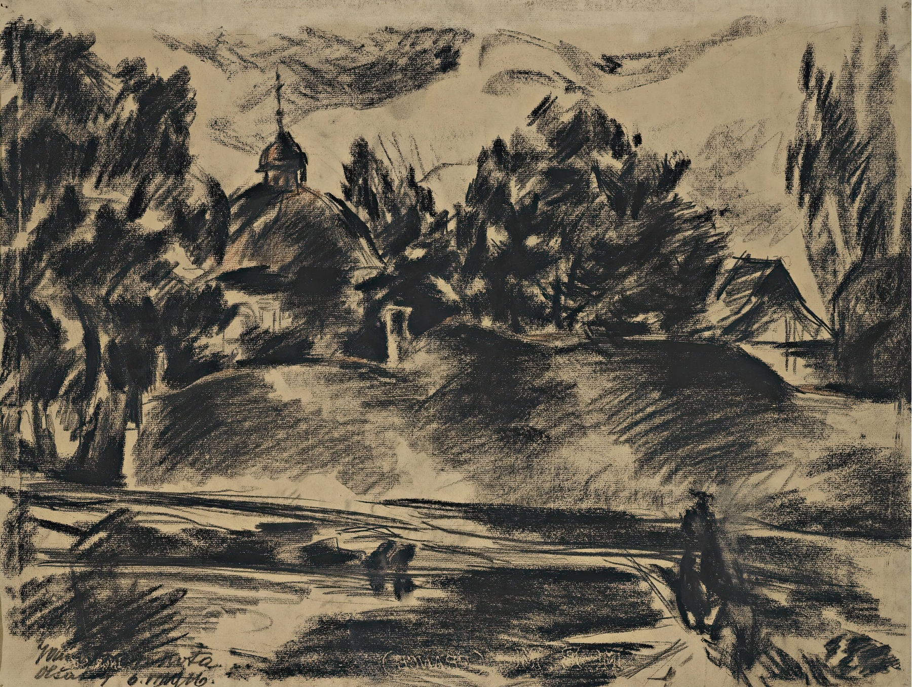 Olsany by Jan Trampota, an impressionist landscape featuring a tranquil pond and twilight sky.