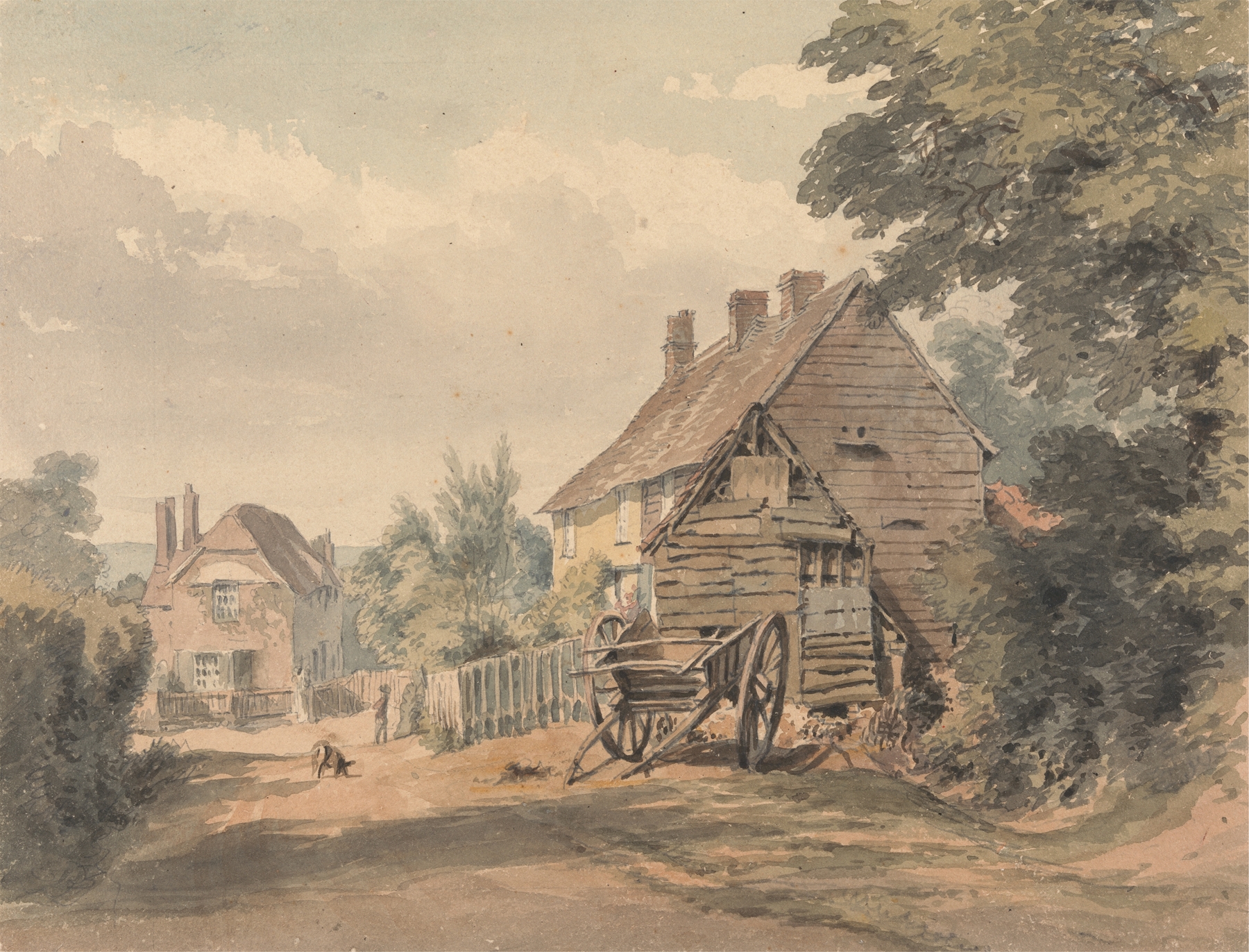 Watercolour by William Henry Hunt depicting a village street with cobblestones and trees.