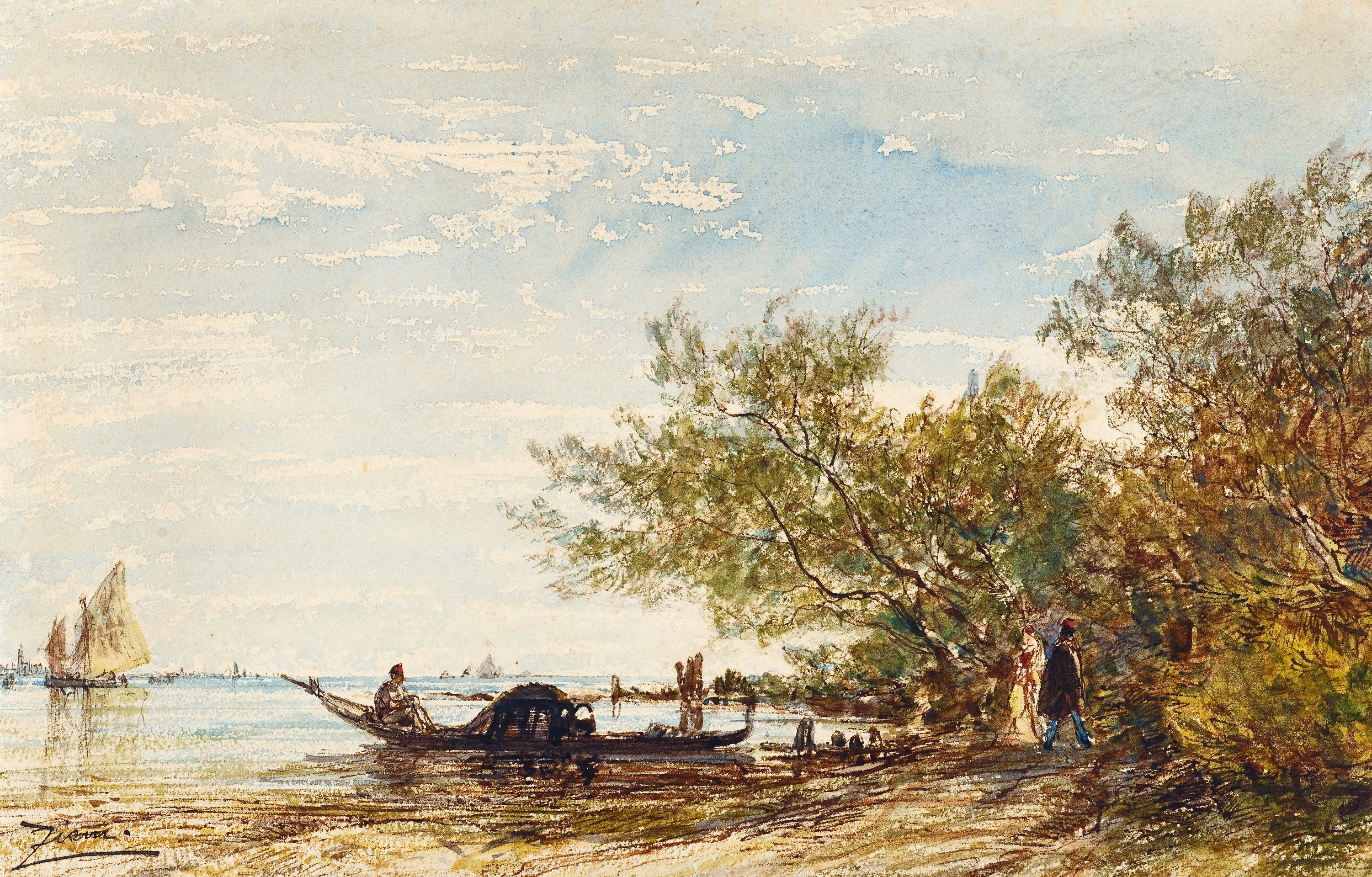 Landscape with water and sunset by Félix Ziem, oil painting