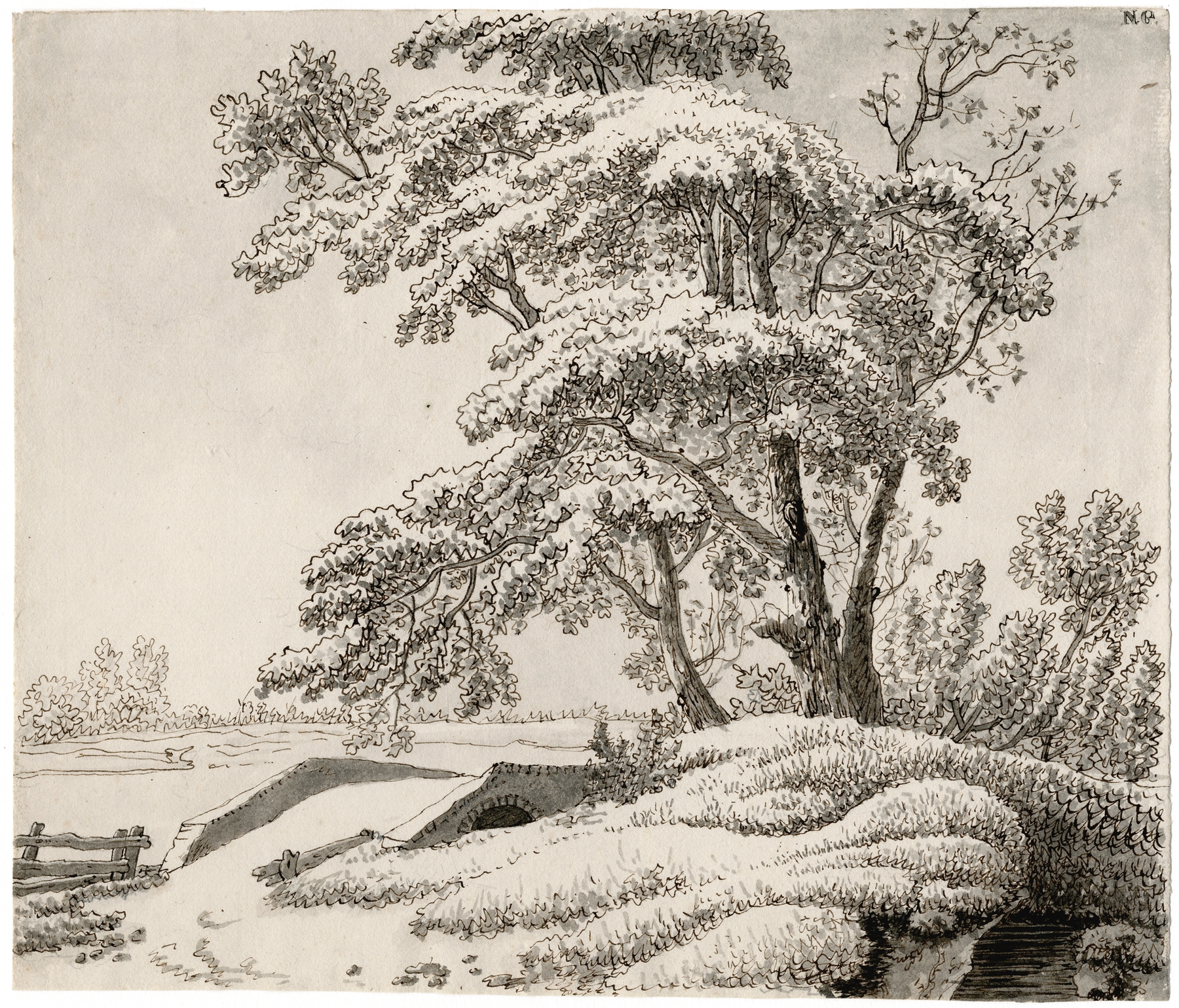 Landscape with a bridge over a stream, trees, and soft brushstrokes by Barend Hendrik Thier, oil on canvas