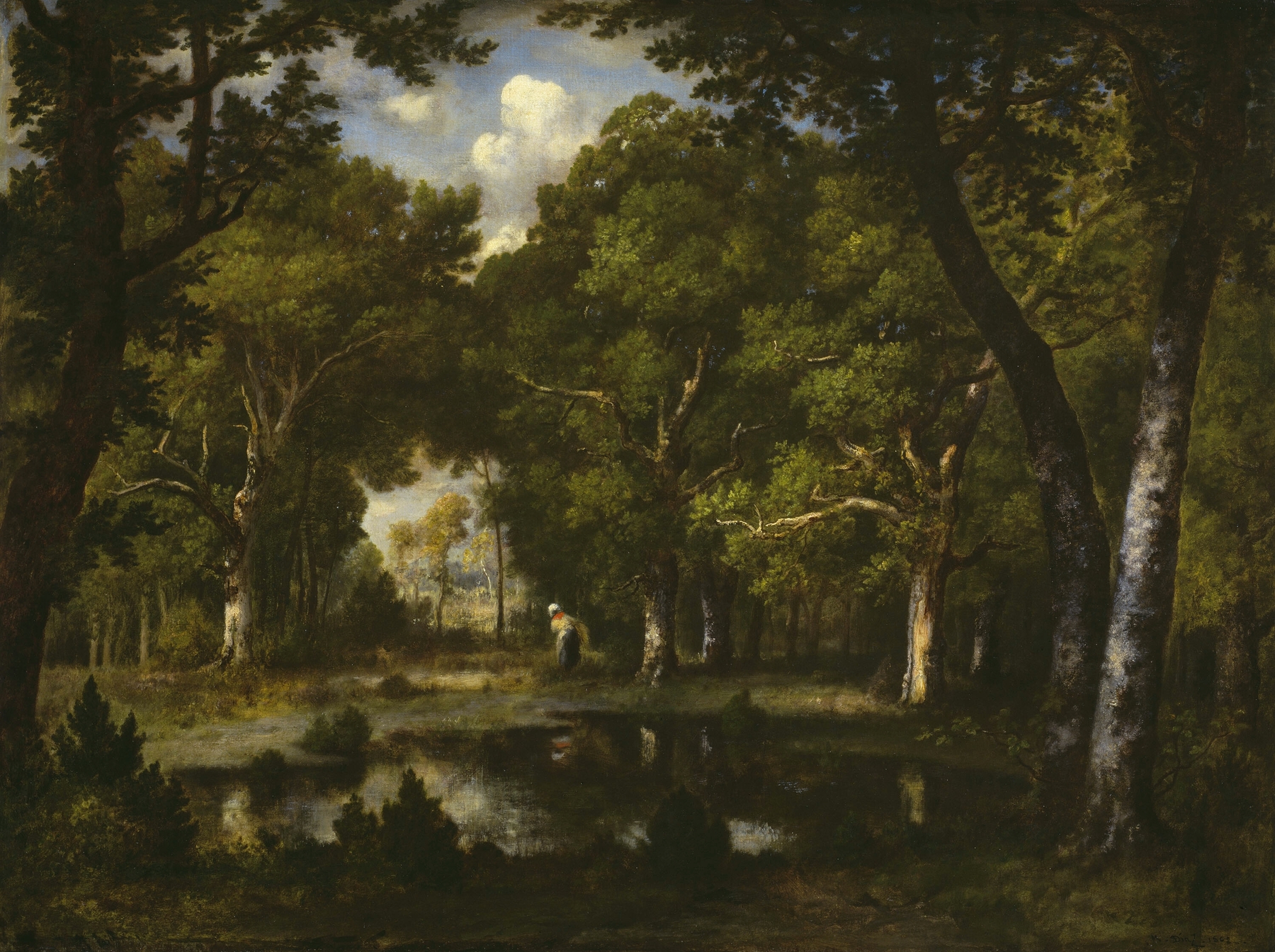 Pond in the Woods, oil on canvas by Narcisse-Virgile Diaz de La Peña, depicting a tranquil forest scene.