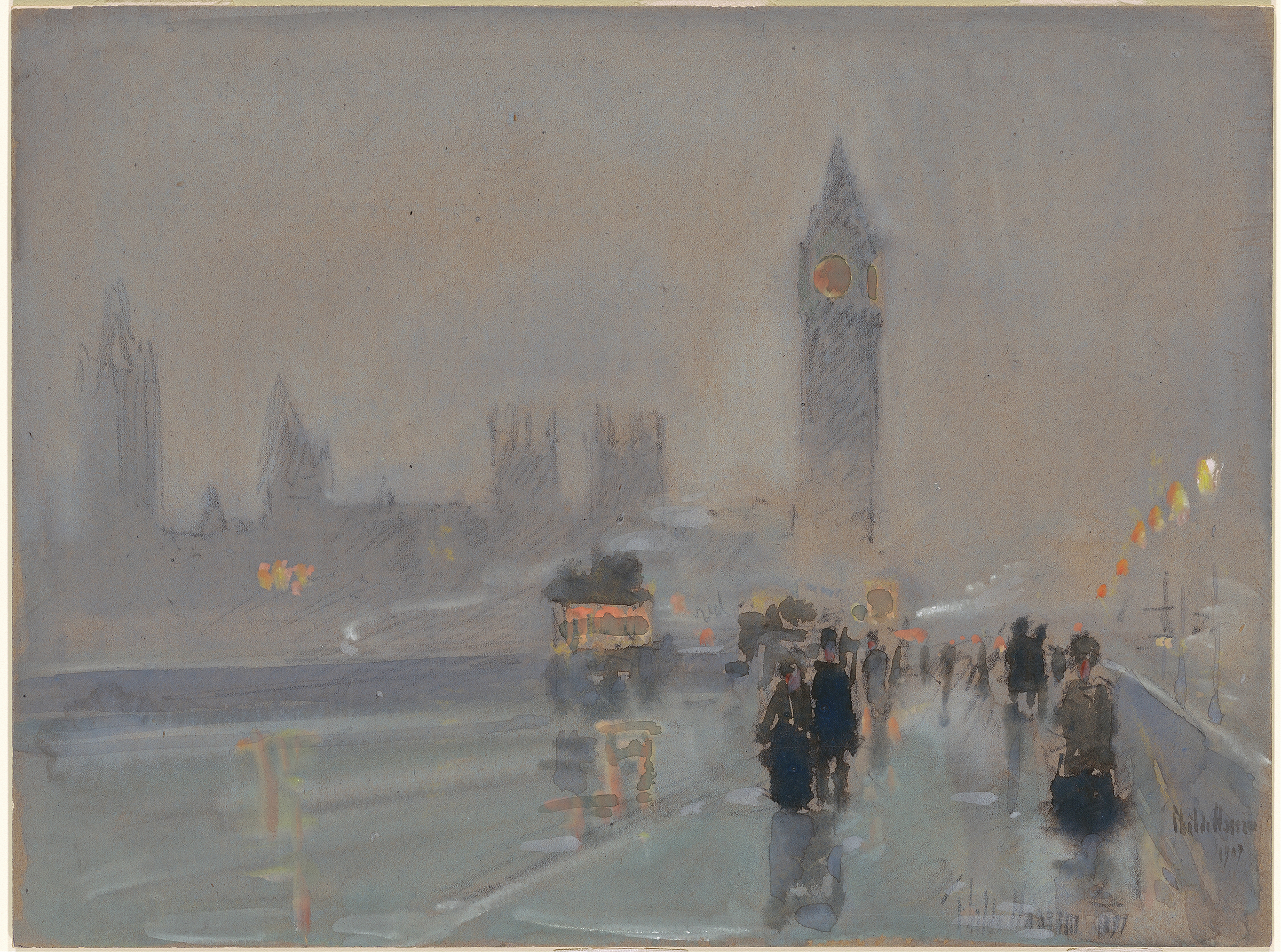 Big Ben by Childe Hassam, oil on canvas, featuring a prominent clock tower in London