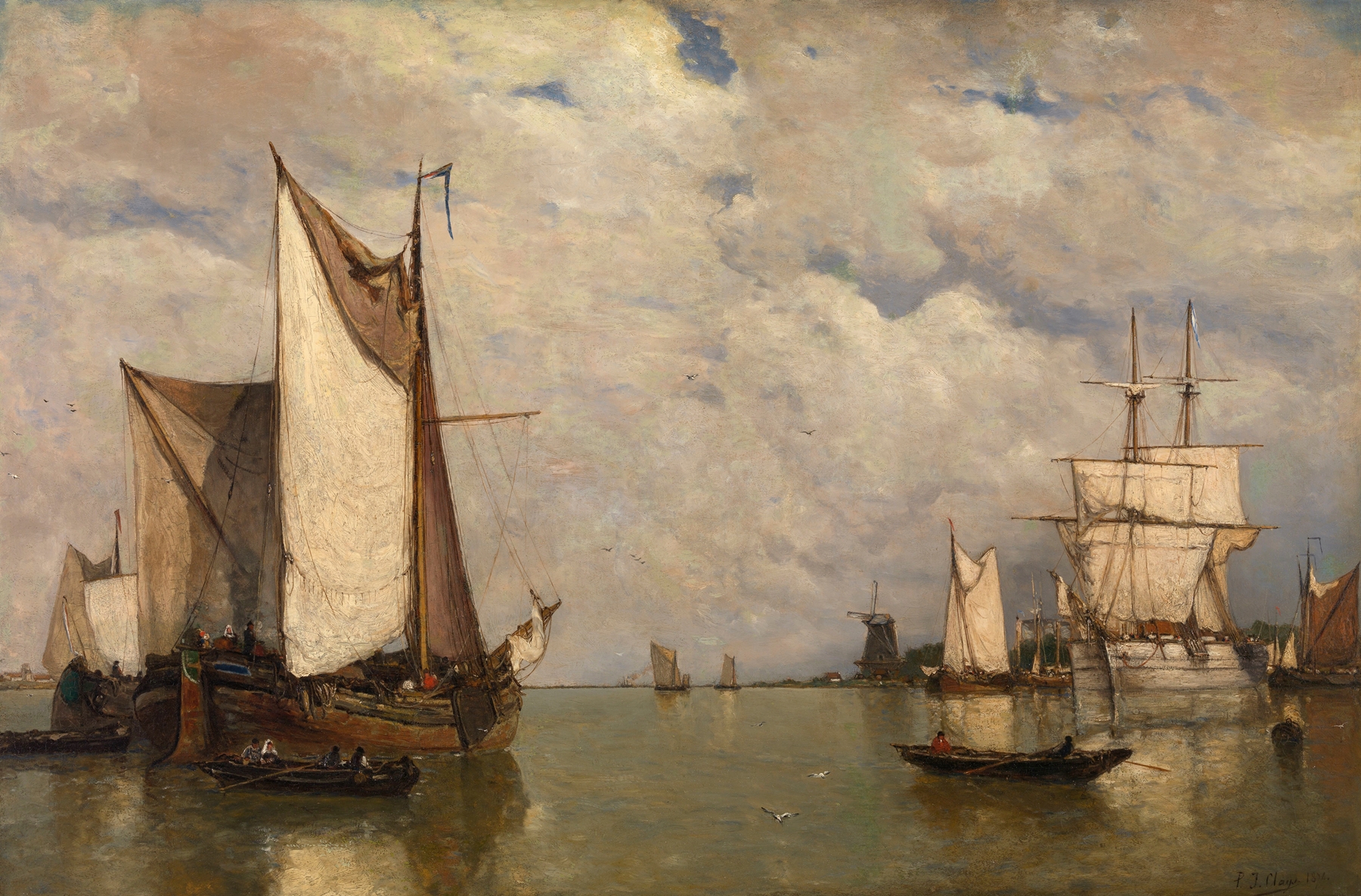 Calm before the Storm at Dordrecht by Paul Jean Clays, oil painting depicting a tranquil marine scene with a sailboat.