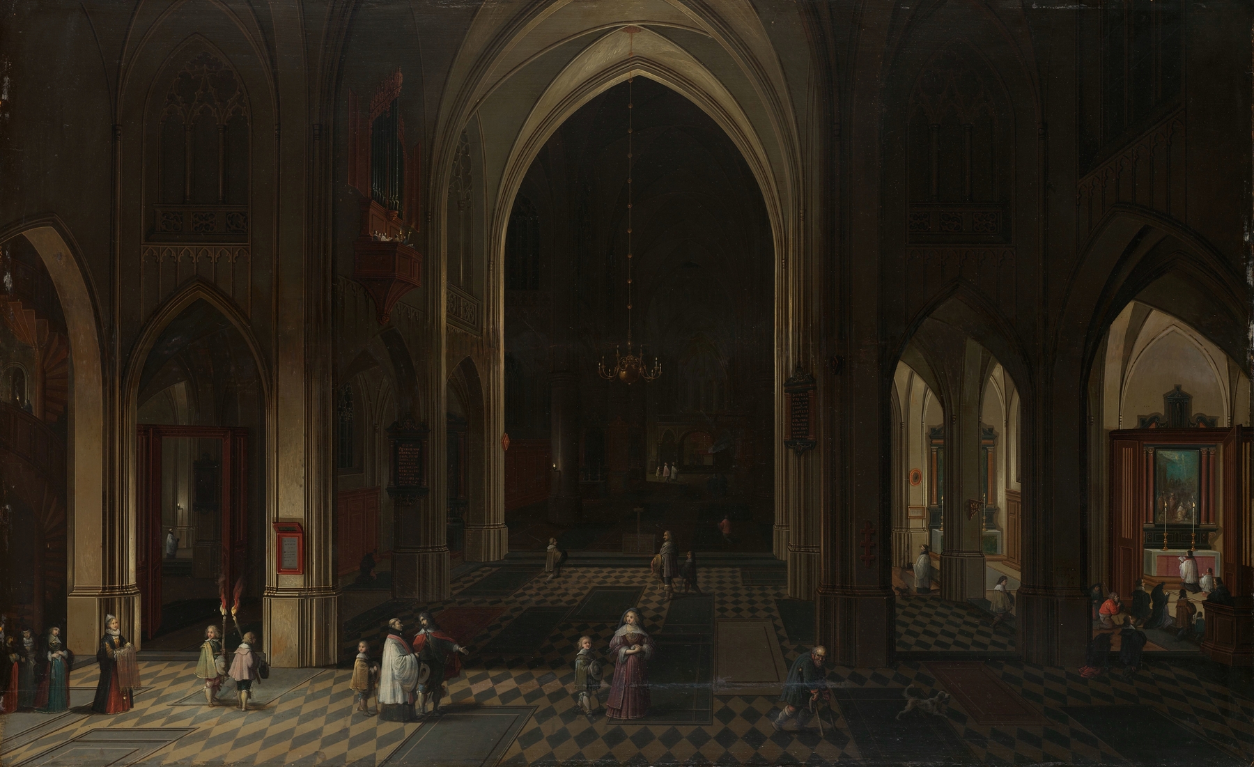 Interior of a Gothic church at night, oil on panel by Pieter Neeffs the Elder