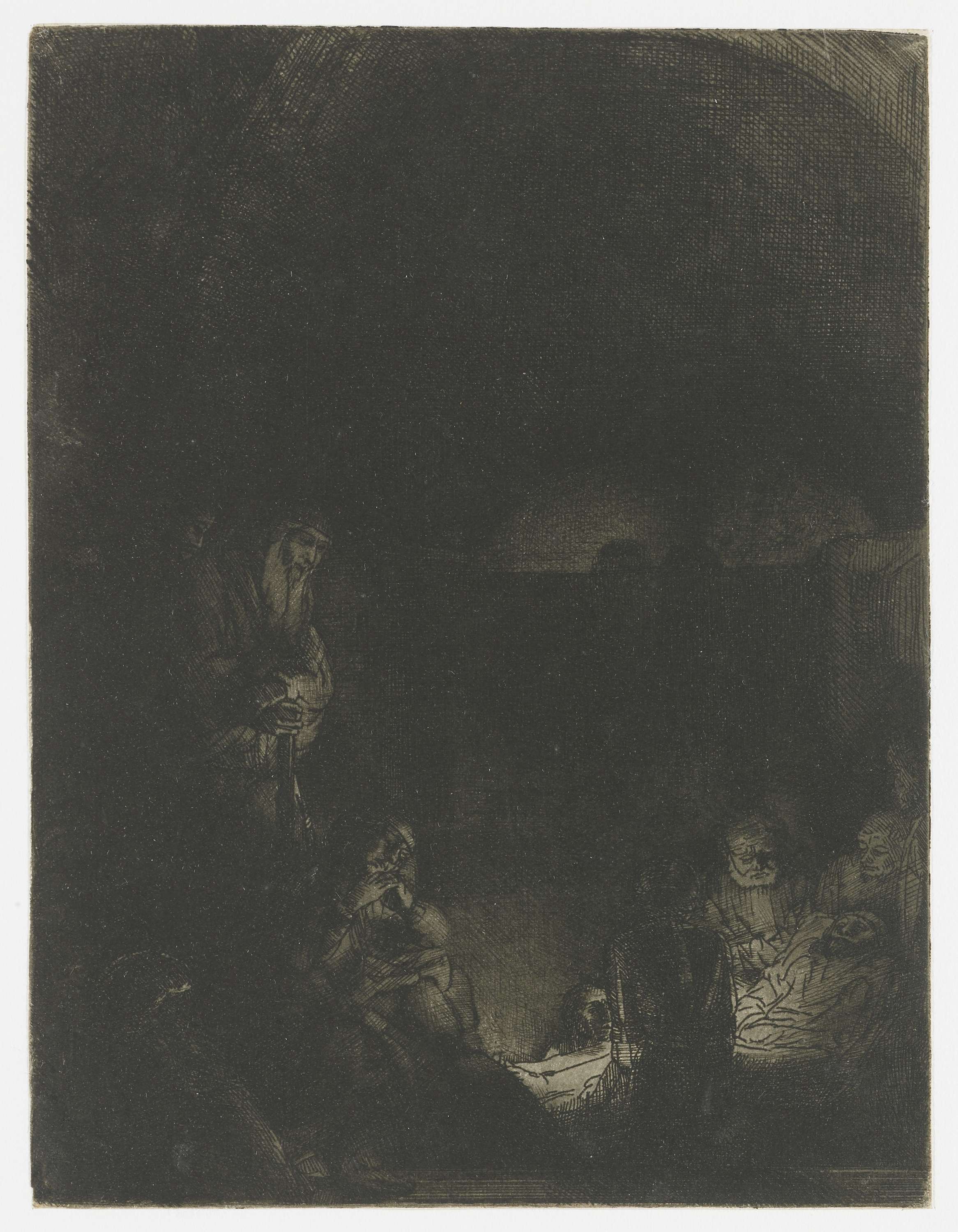 The Entombment etching by Rembrandt van Rijn showing Christ's body surrounded by light and shadows.
