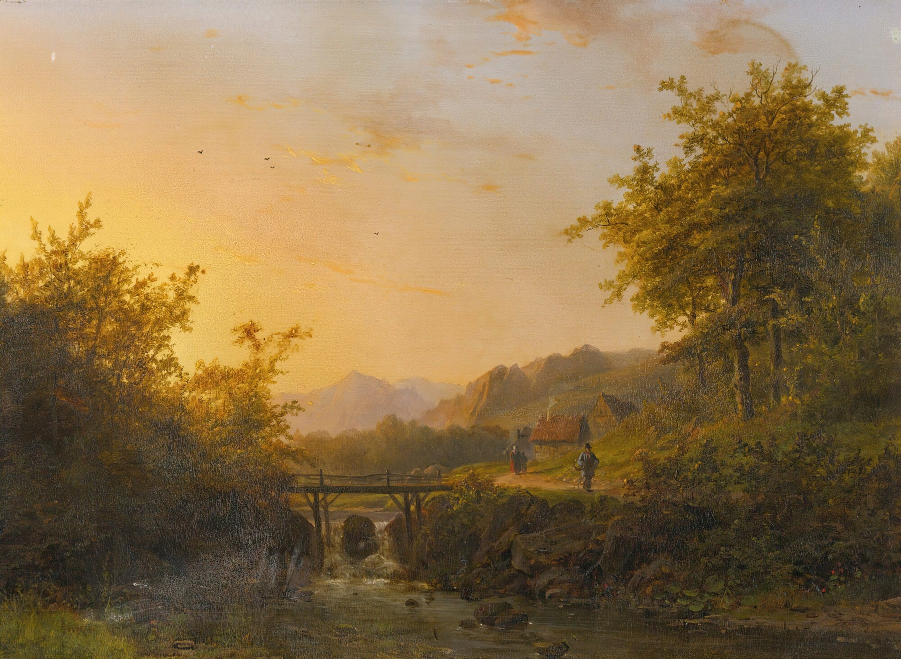 Landscape with peasants walking near a river at dusk, oil painting by Johann Bernhard Klombeck.