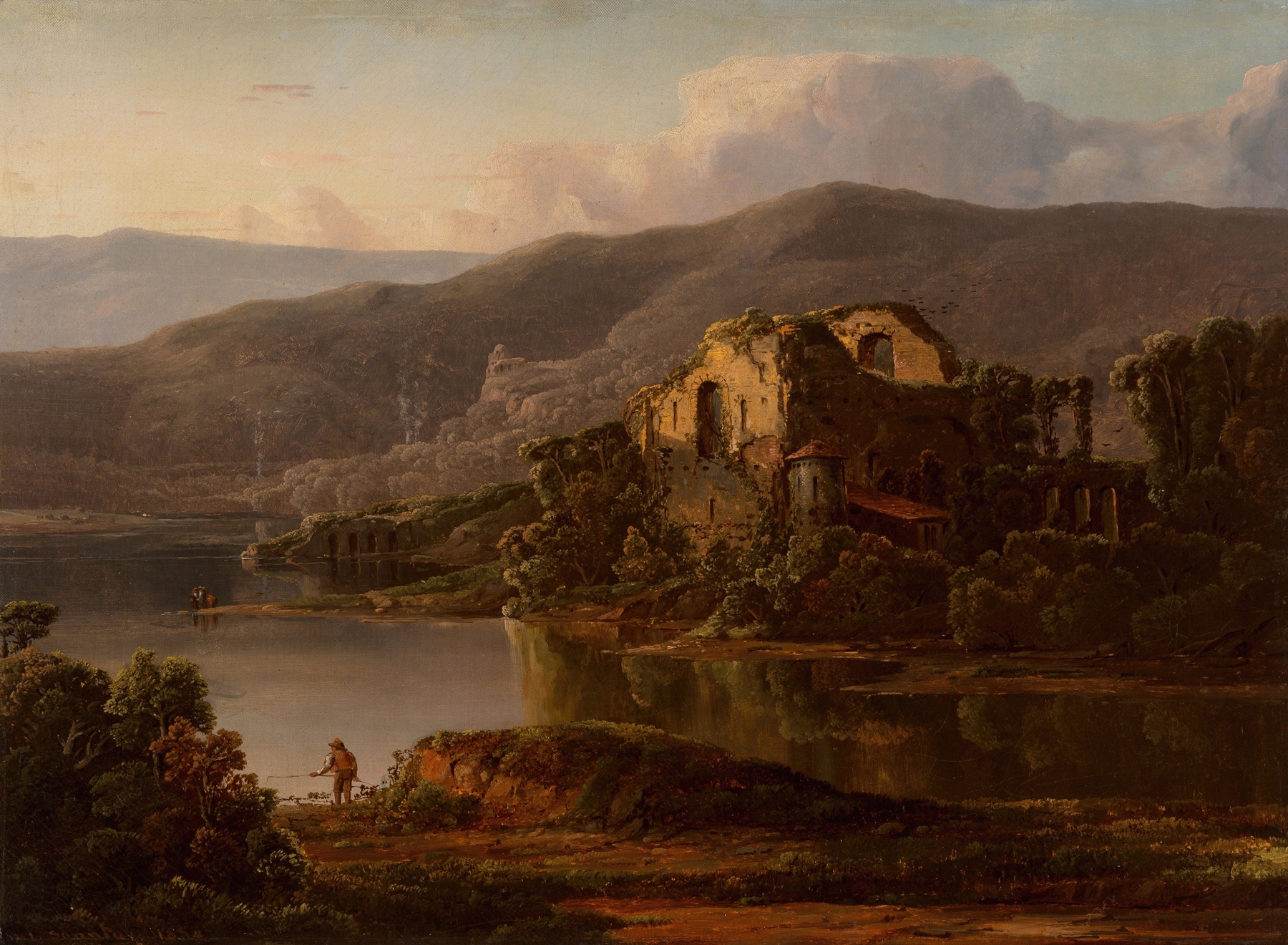 Italian Landscape with Ruins, oil painting by William Louis Sonntag, featuring crumbling ruins and rolling hills.