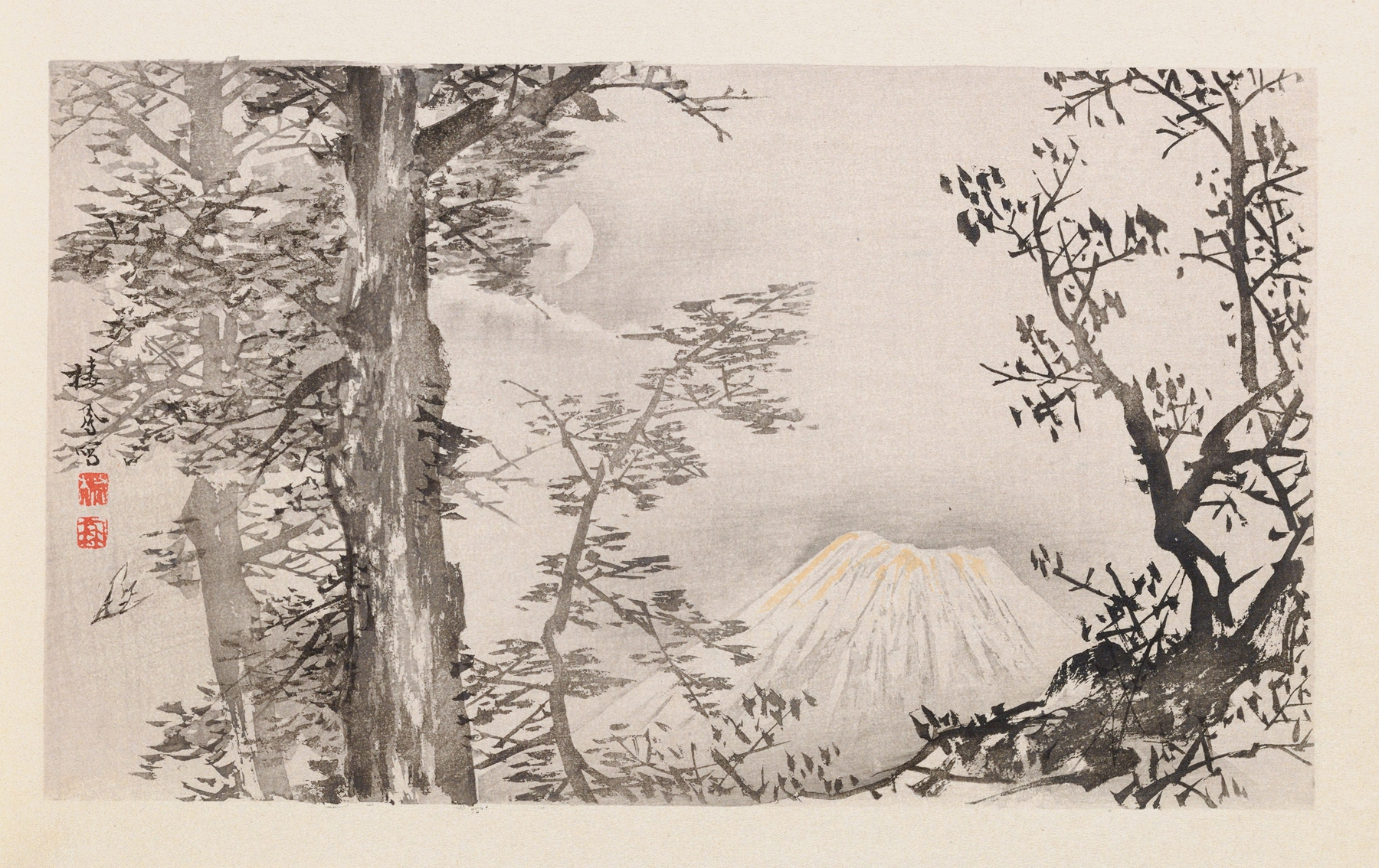 Ukiyo-e landscape by Takeuchi Seihō, depicting mountains and hills in soft colors.