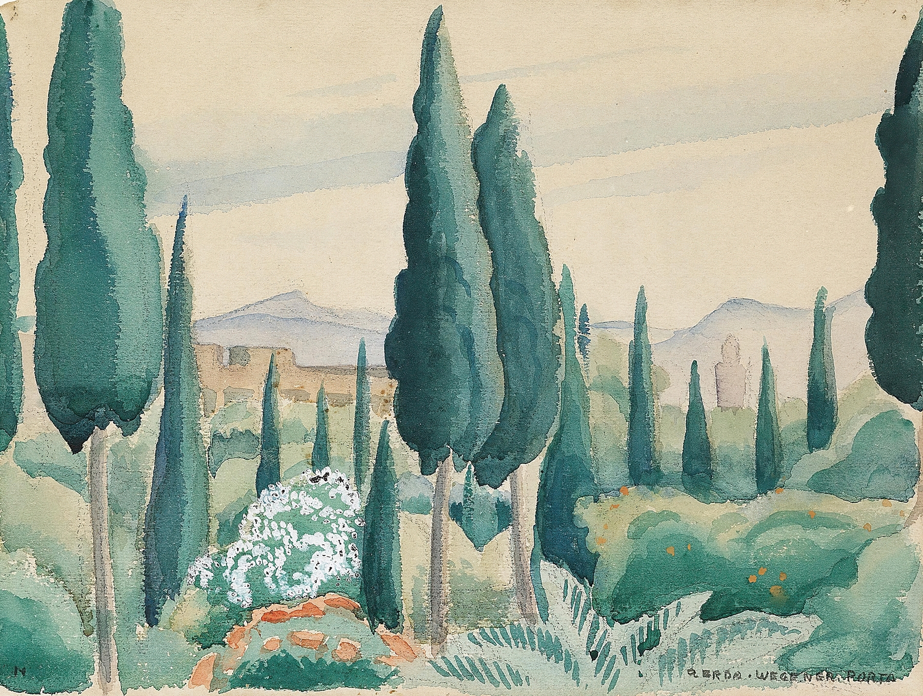 Oil painting by Gerda Wegener featuring pine trees in a Moroccan landscape.
