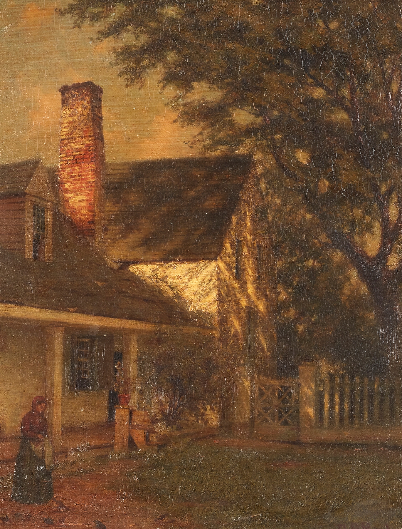 Figurative scene of a woman in a gown feeding birds, oil painting by Platt Powell Ryder