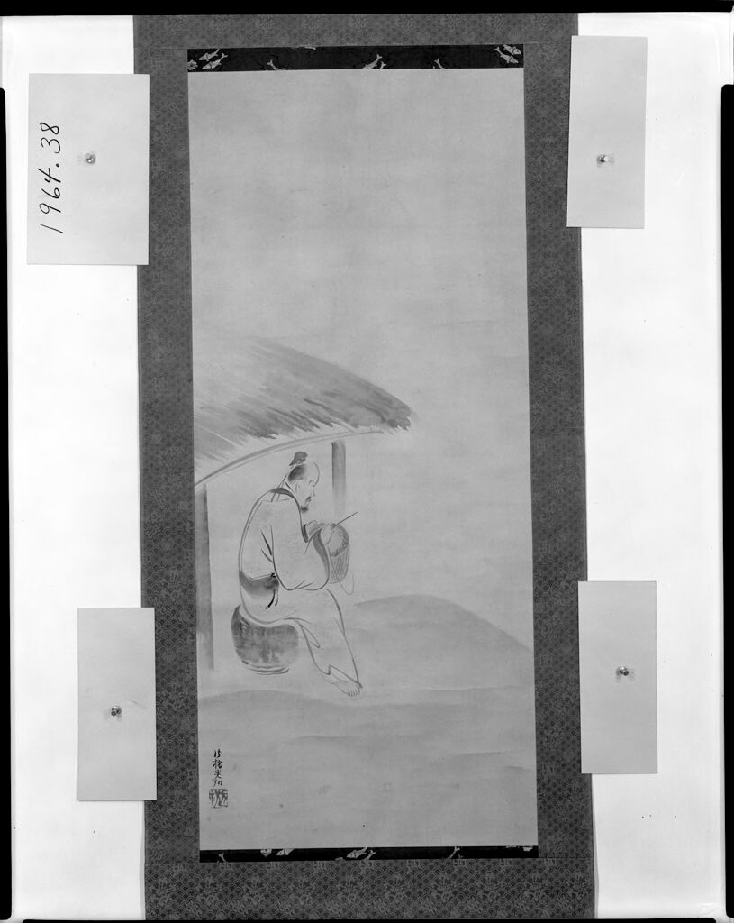 Seated man weaving a basket in a thatched hut, paper by Ogata Kōrin