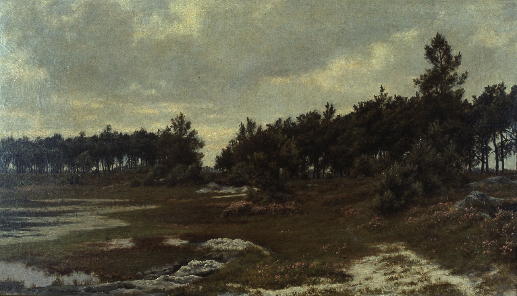 Heath Landscape in the Kempen by Alfred Elsen, oil on canvas depicting a horizon with muted greens and a golden sky.