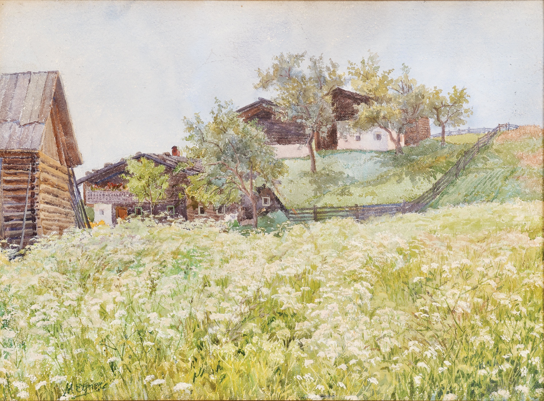 Landscape with white flowers and farm houses by Marie Egner, oil painting