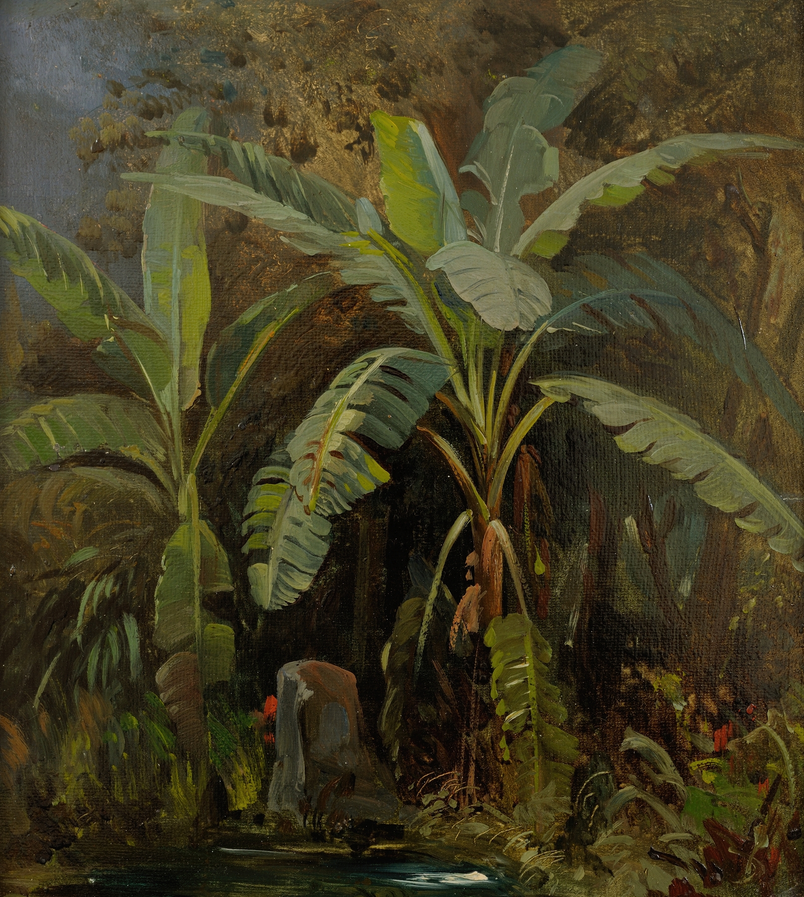 Vegetation in Italy by Julie Wilhelmine Hagen-Schwarz, oil painting depicting lush greenery and dappled sunlight.