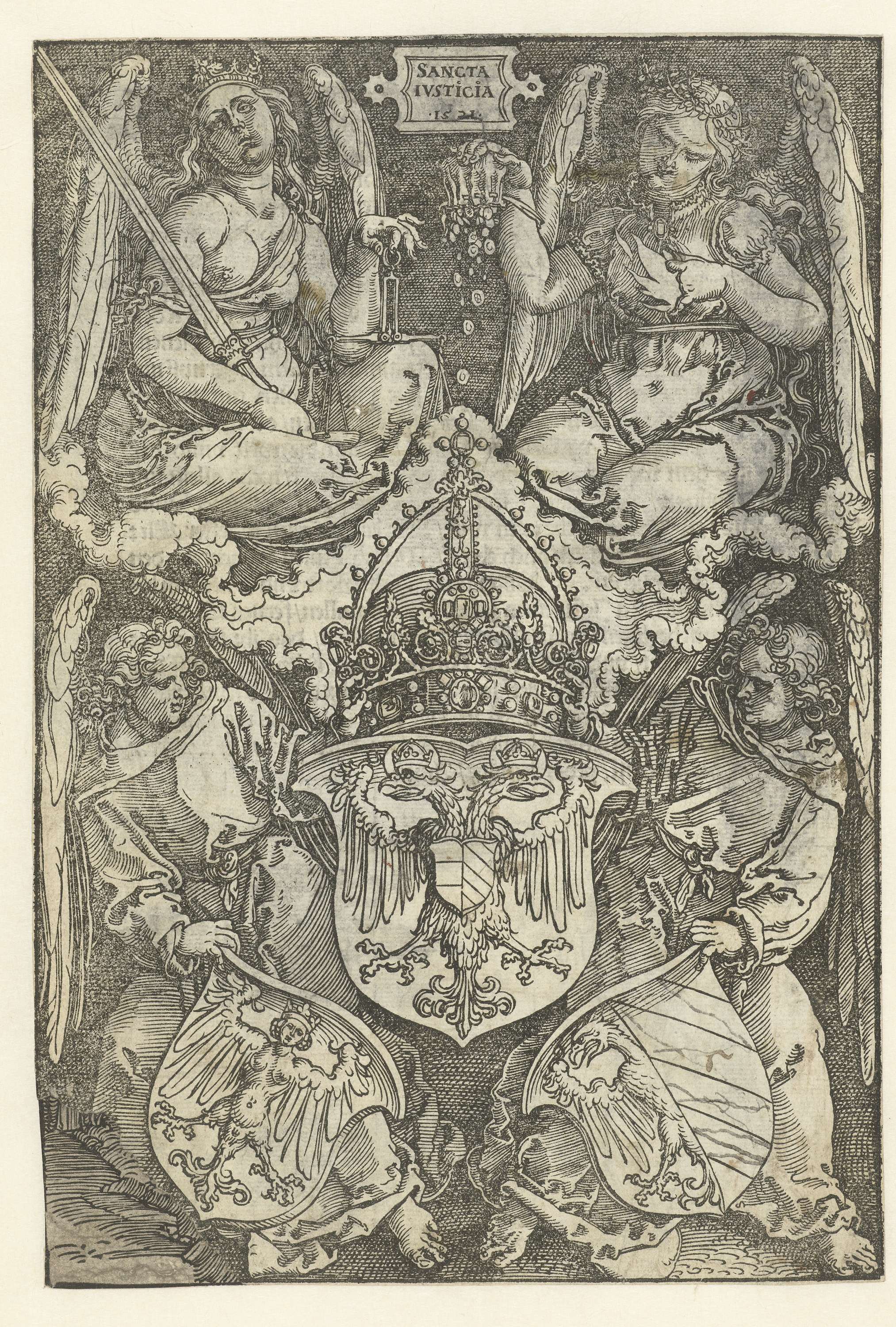 Allegorie met het wapenschild van het keizerrijk en twee wapenschilden van de stad Neurenberg, by Albrecht Dürer, public domain