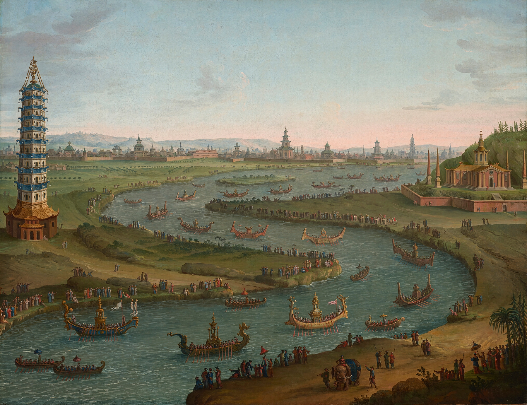 A capriccio with the French Ambassador approaching the King of Siam’s Palace, oil on canvas by Antonio Joli