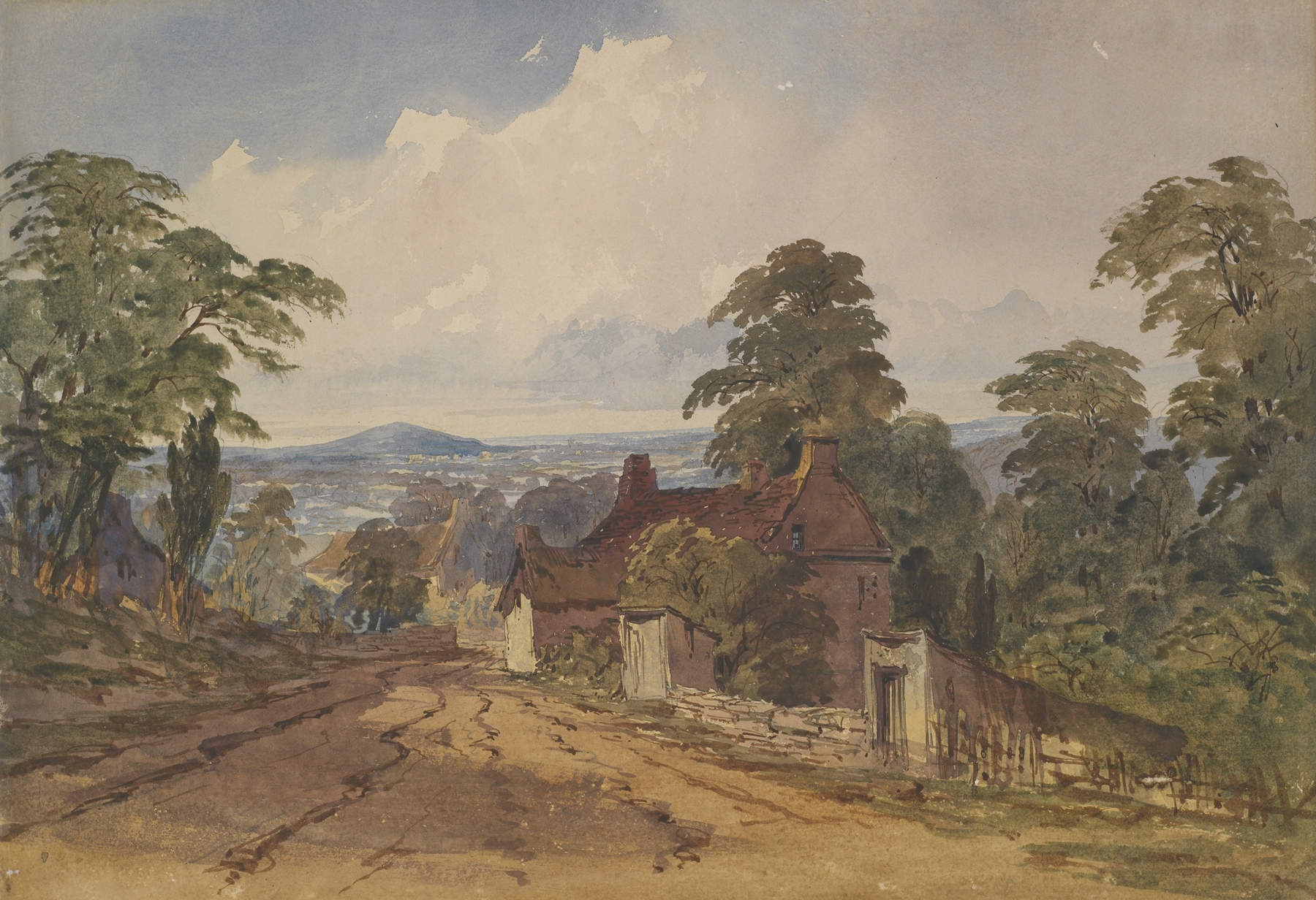 Landscape oil painting by William Hardwick depicting light and shadow over a valley