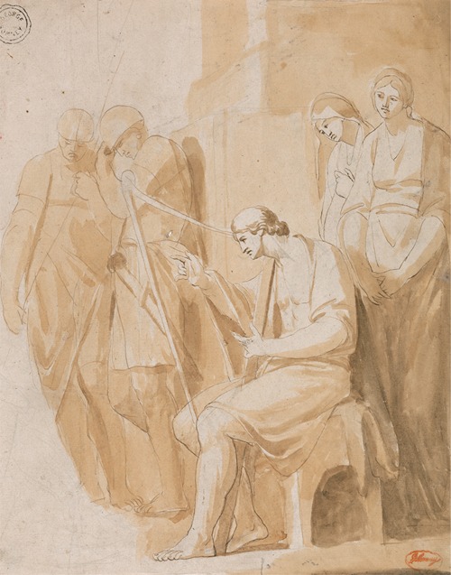 A portrait of David playing the harp, showcasing his thoughtful expression and elegant attire.