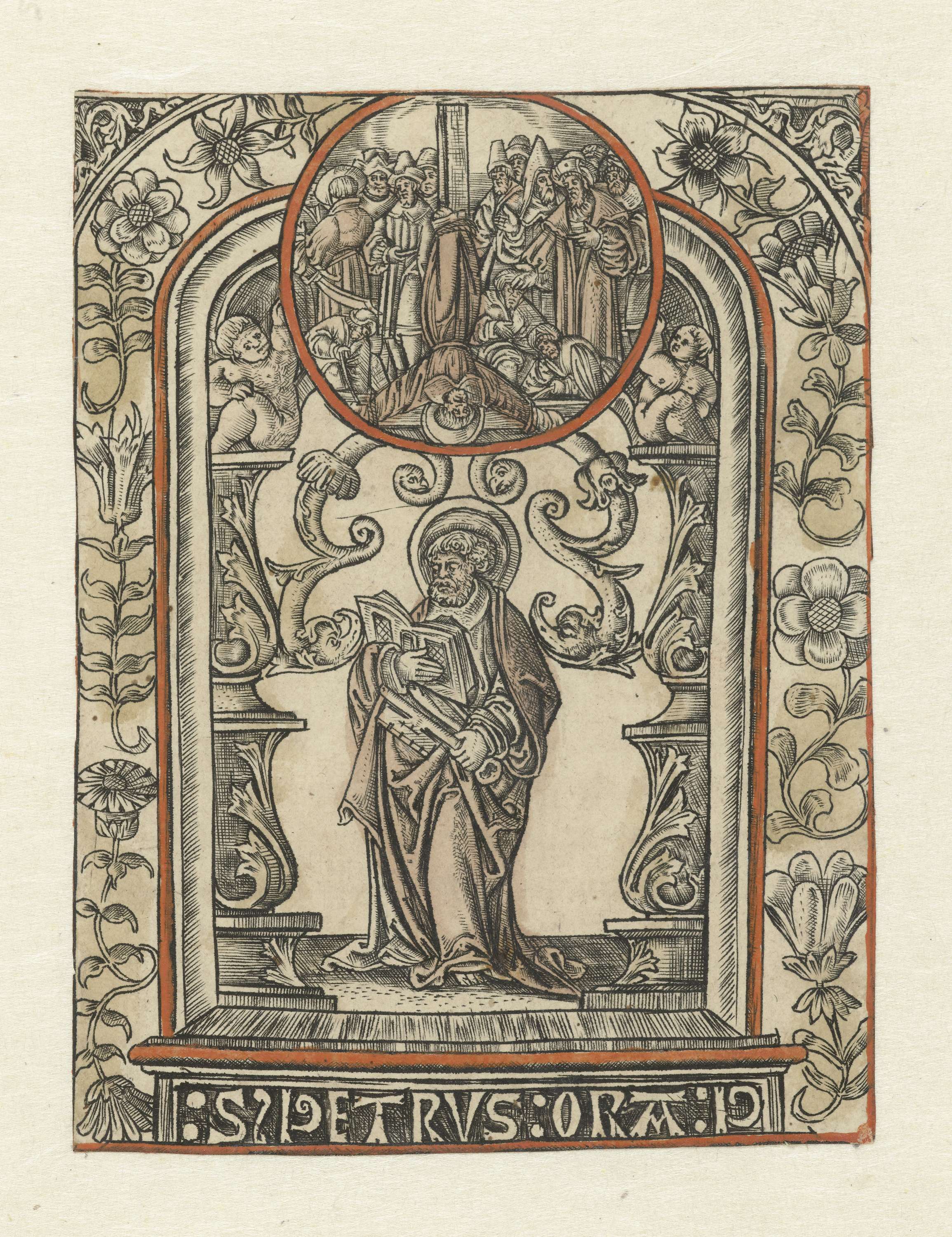 Engraving by Allaert Claesz depicting the apostle Peter with themes of martyrdom