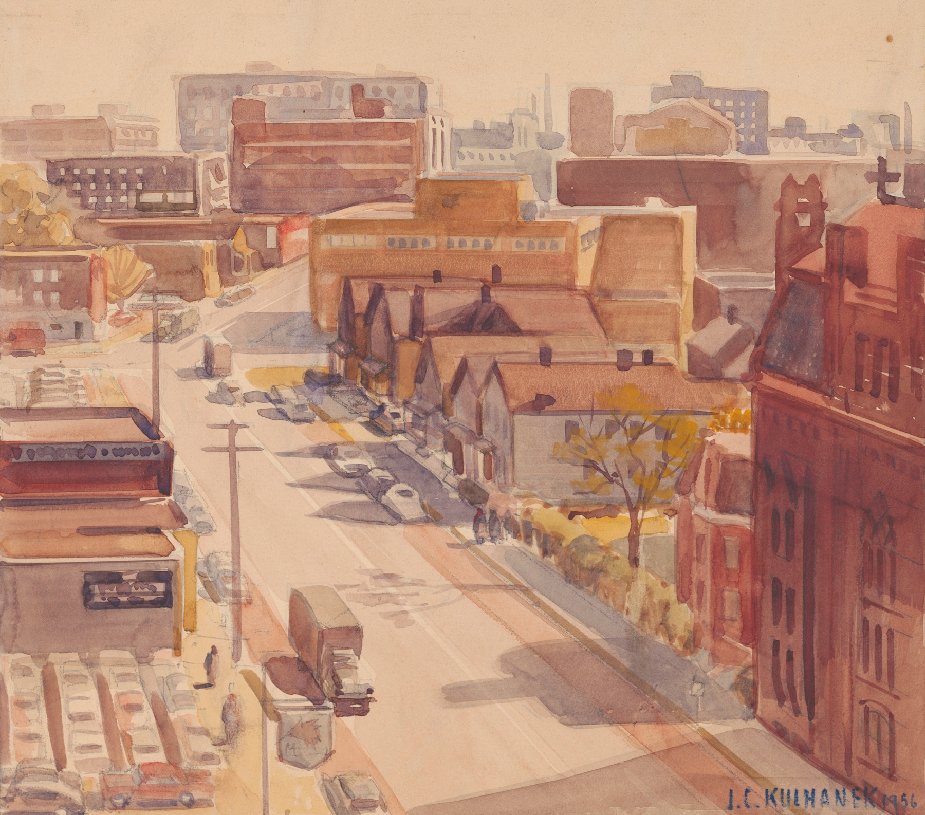 Urban life on E18th Street, oil on canvas by James C. Kulhanek