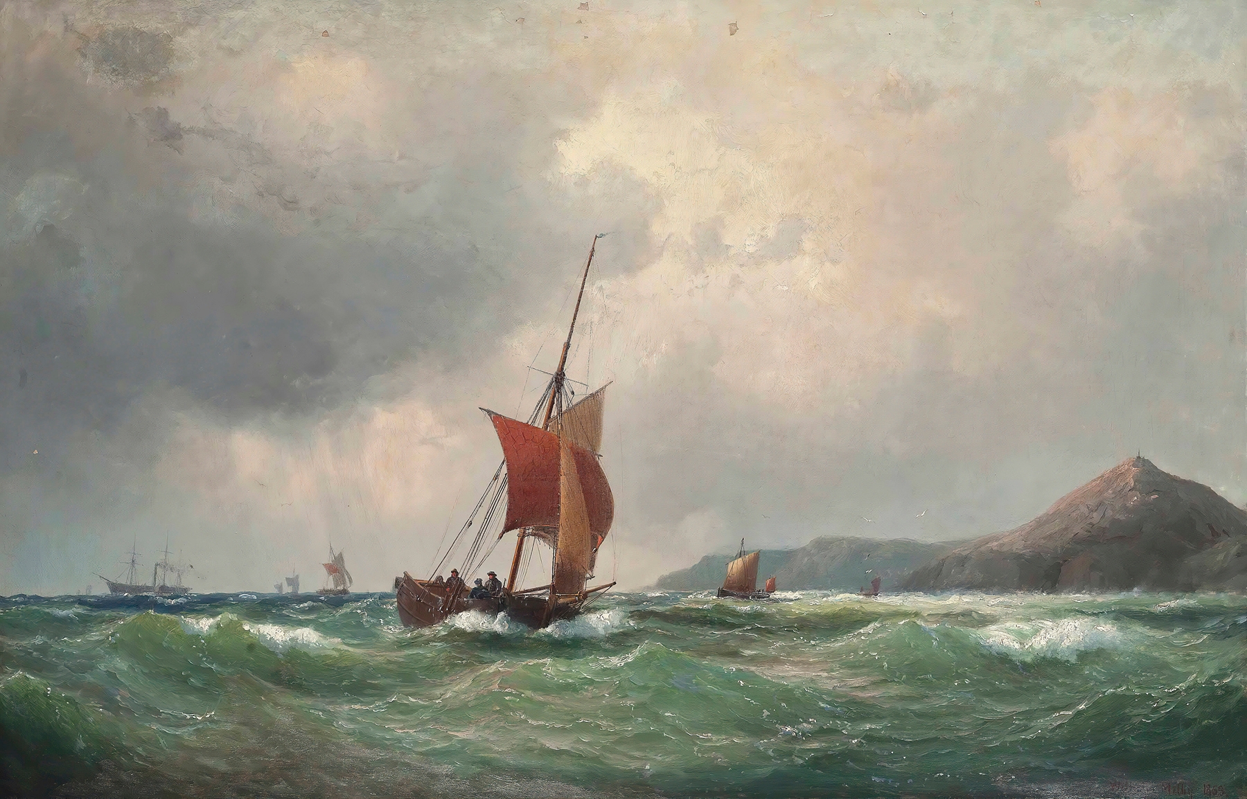 Fishing boats and a paddle steamer on the ocean, oil painting by Vilhelm Melbye