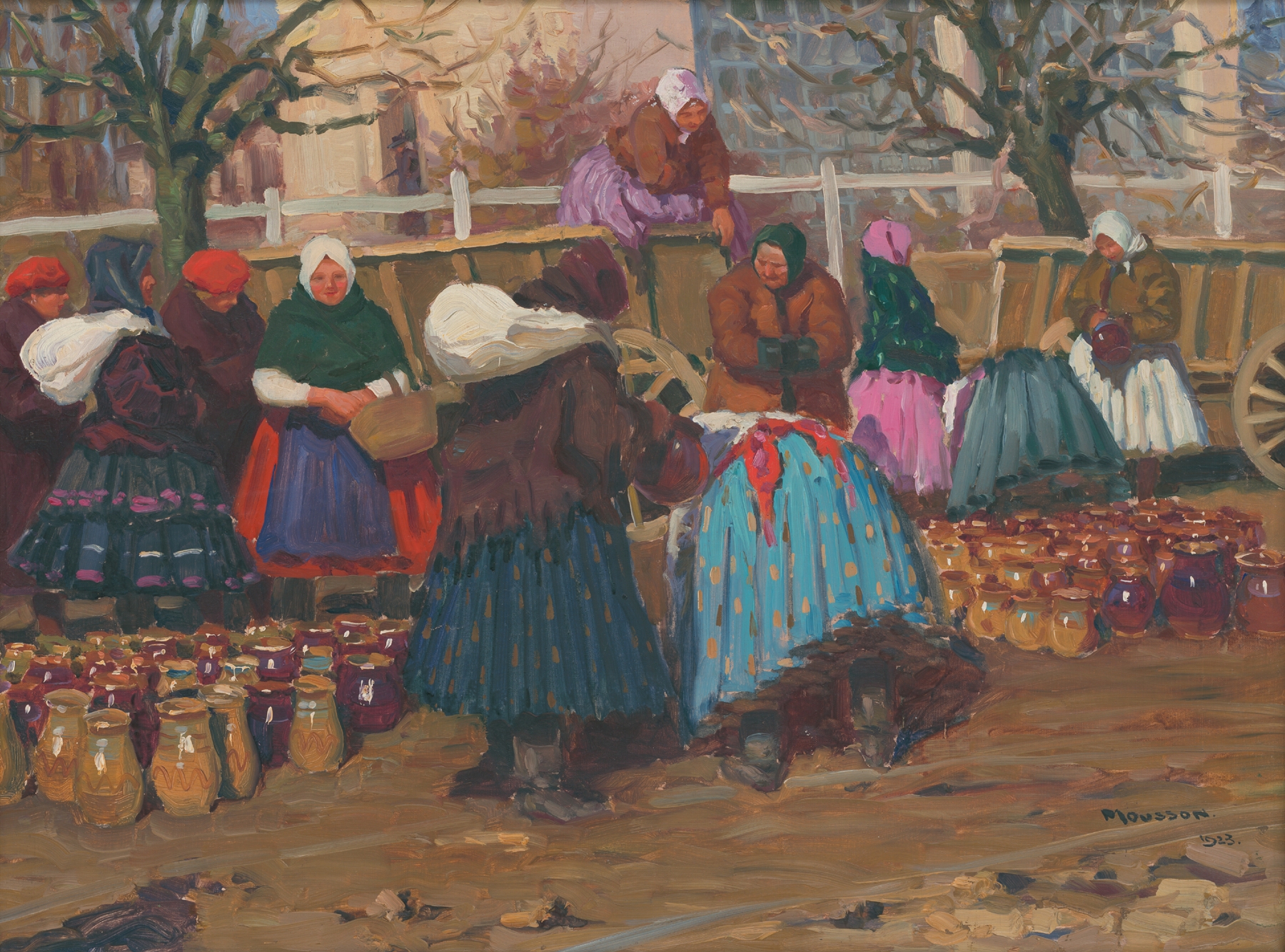 Still life oil painting by Jozef Teodor Mousson featuring pottery and sunlight
