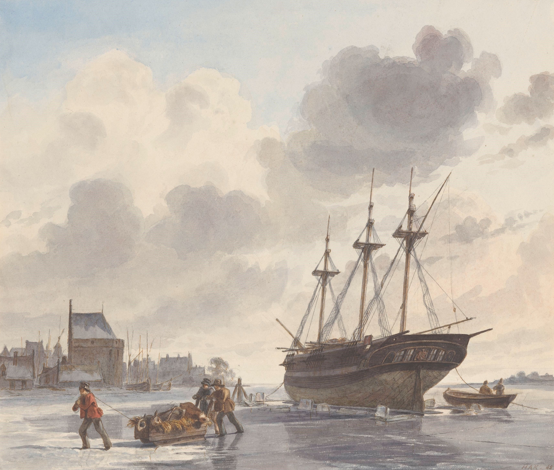 Schip in het ijs op een rivier bij een stad, by Hendrik Abraham Klinkhamer, public domain