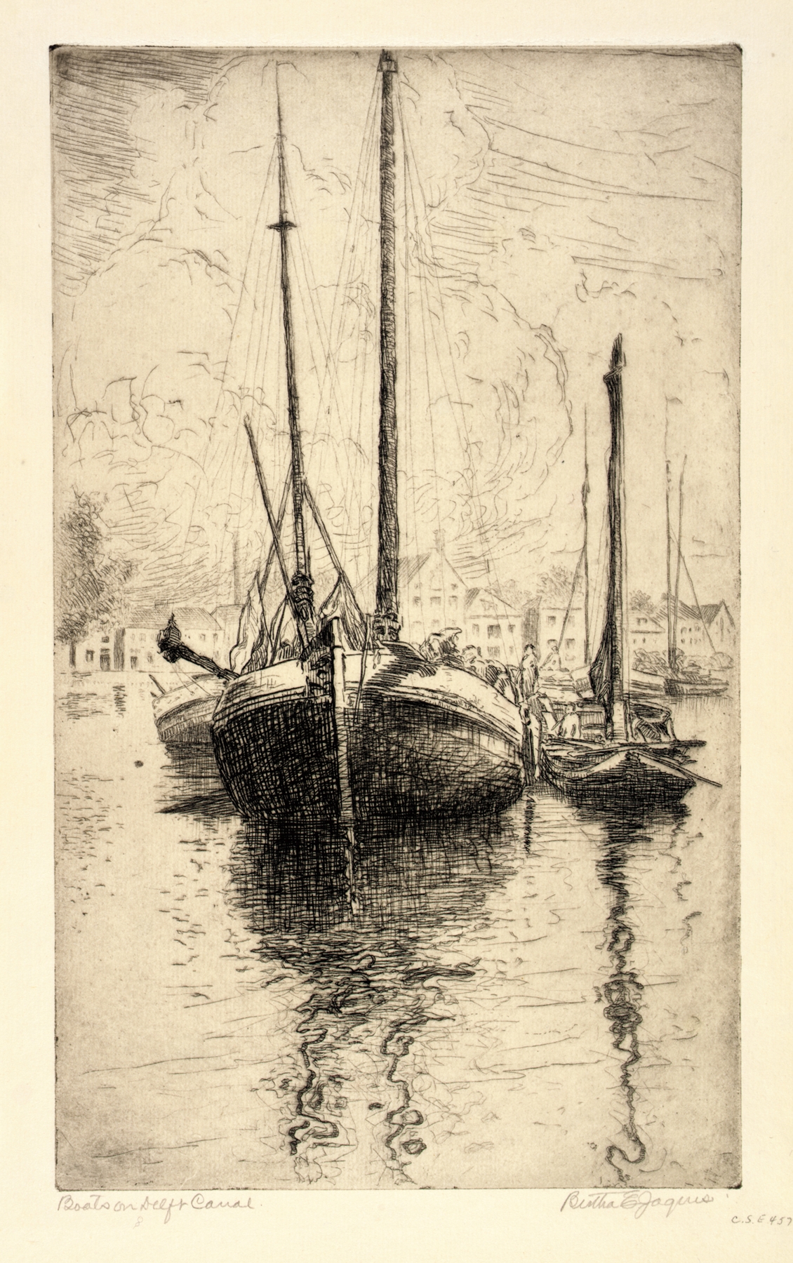 Boats on Delft Canal by Bertha Jaques, oil painting depicting boats on water.
