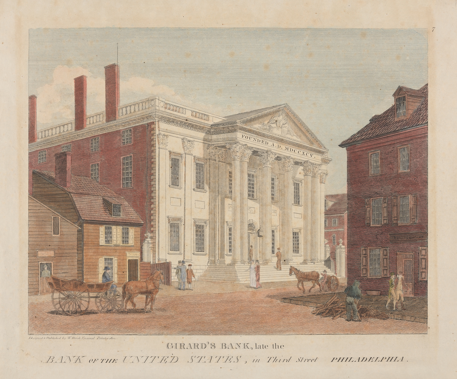 Girard’s Bank, late the Bank of the United States, in Third Street Philadelphia., by William Russell Birch, public domain