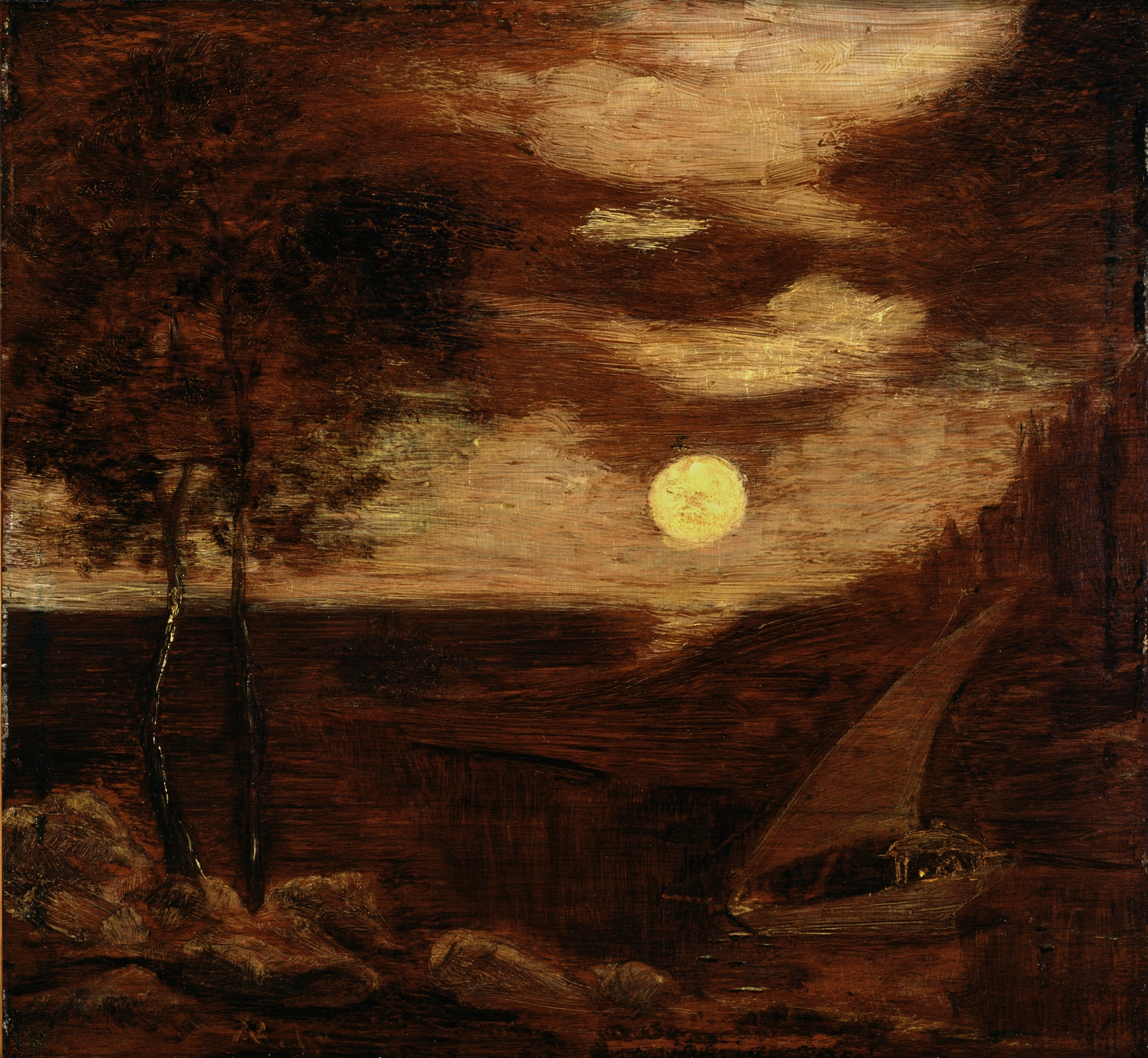 The Lovers’ Boat by Albert Pinkham Ryder, oil painting depicting a serene marine scene with a small boat.