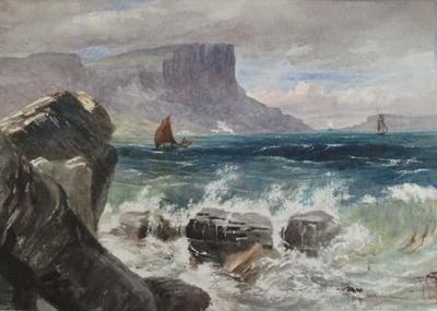 Watercolour by Ebenezer Crawford depicting the sea crashing against rocks.