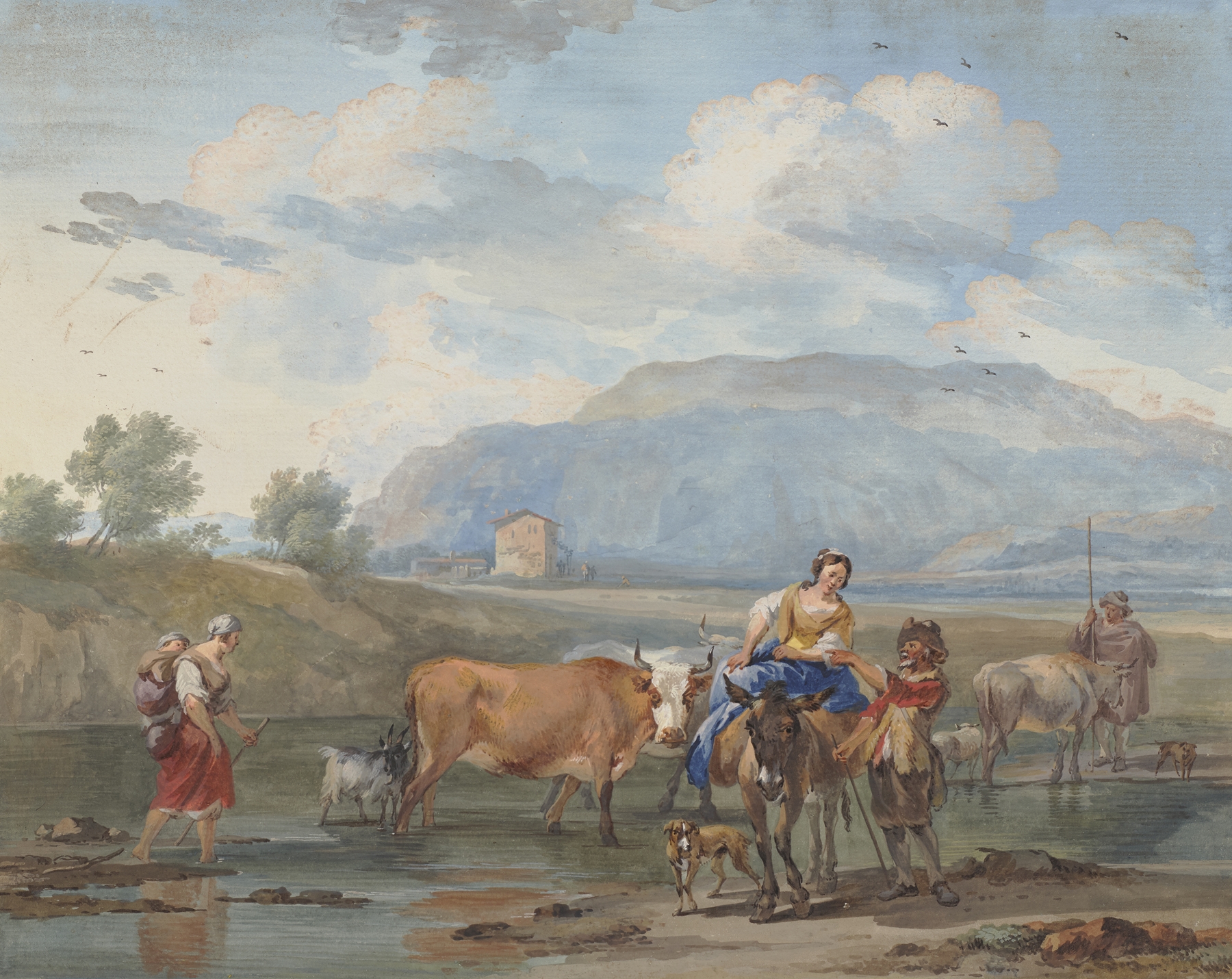 Genre scene with cattle, a woman carrying a child, and a donkey by Aert Schouman, oil painting