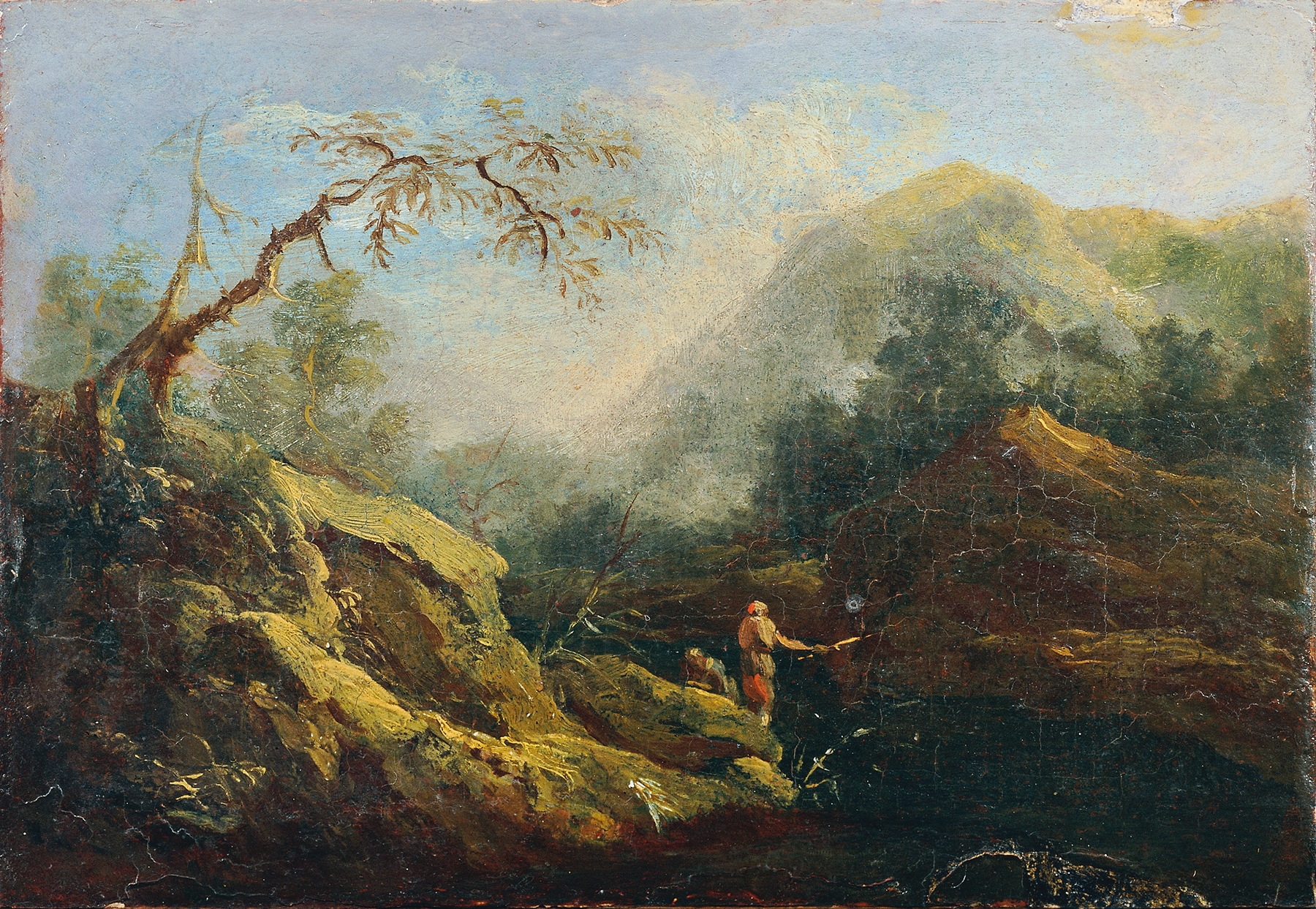 Bergige Landschaft mit Angler, by Johann Christian Brand, public domain
